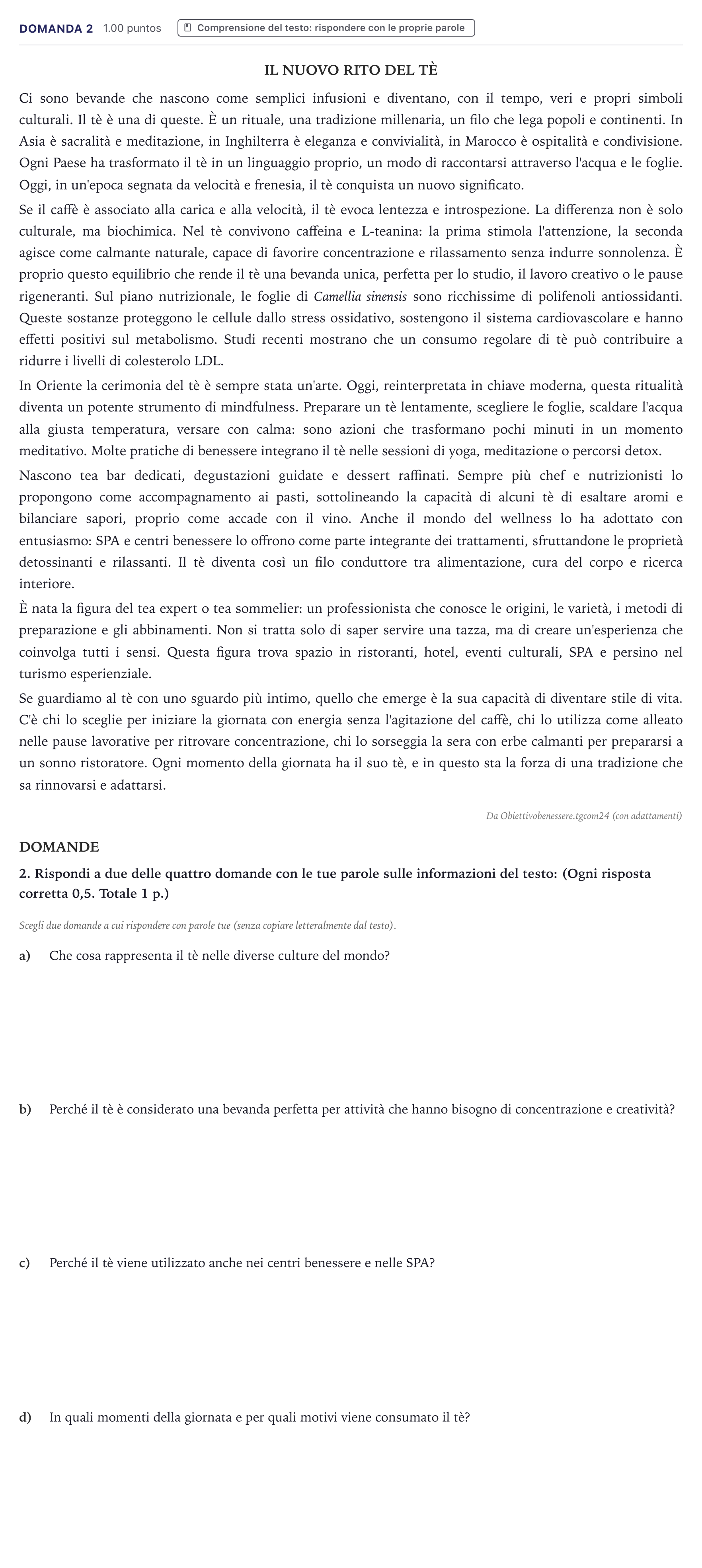 Enunciado: Ejercicio Domanda 2 · Italiano PAU Canarias Julio 2026