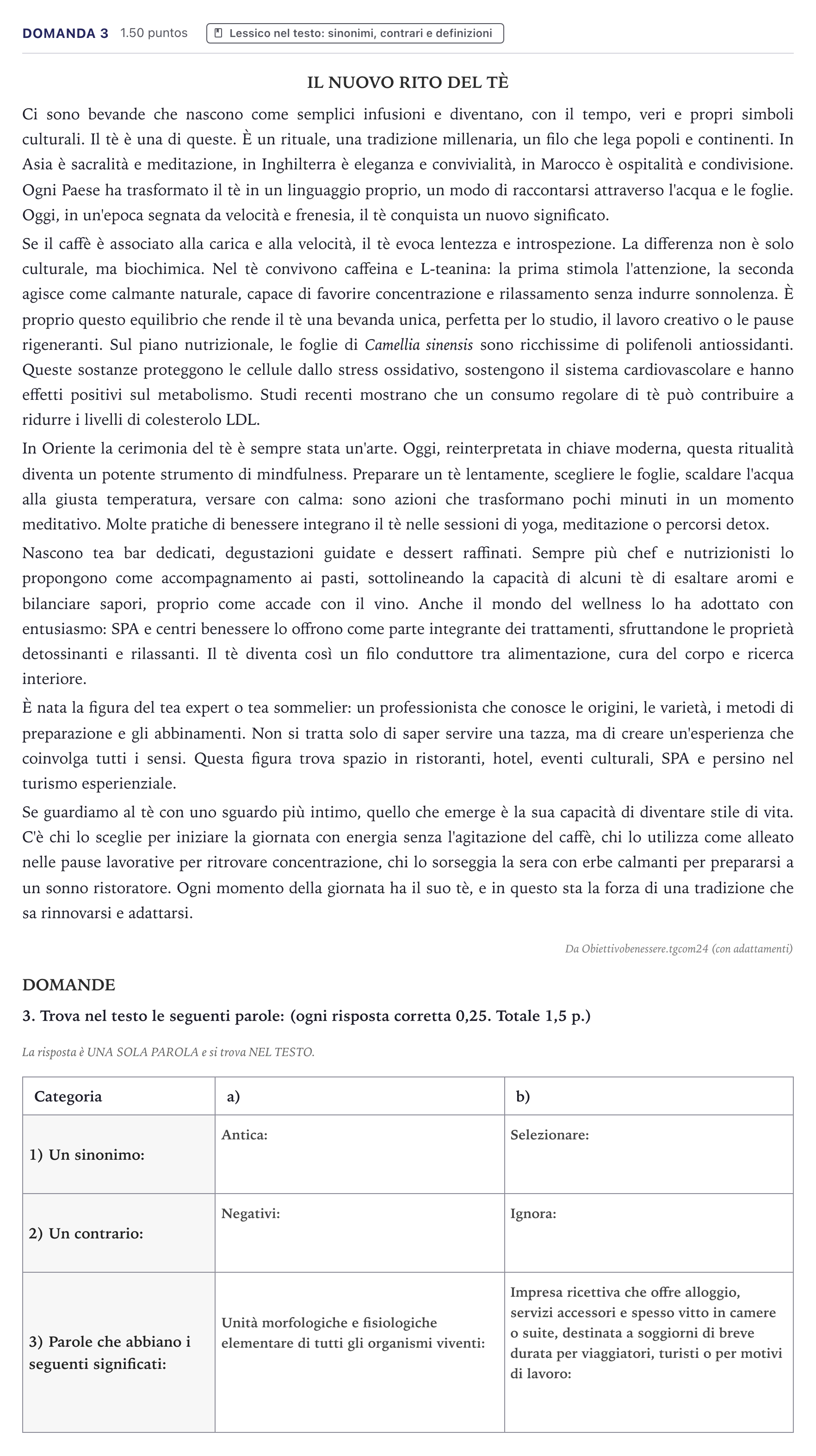 Enunciado: Ejercicio Domanda 3 · Italiano PAU Canarias Julio 2026