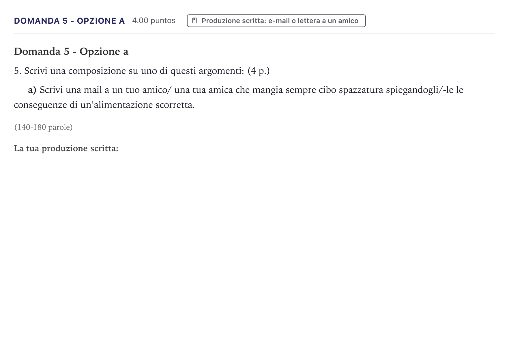 Enunciado: Ejercicio Domanda 5 - Opzione a · Italiano PAU Canarias Julio 2026