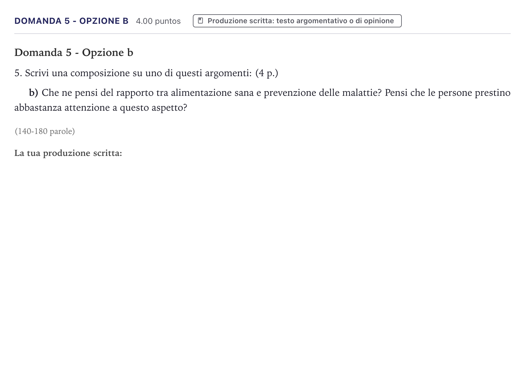 Enunciado: Ejercicio Domanda 5 - Opzione b · Italiano PAU Canarias Julio 2026