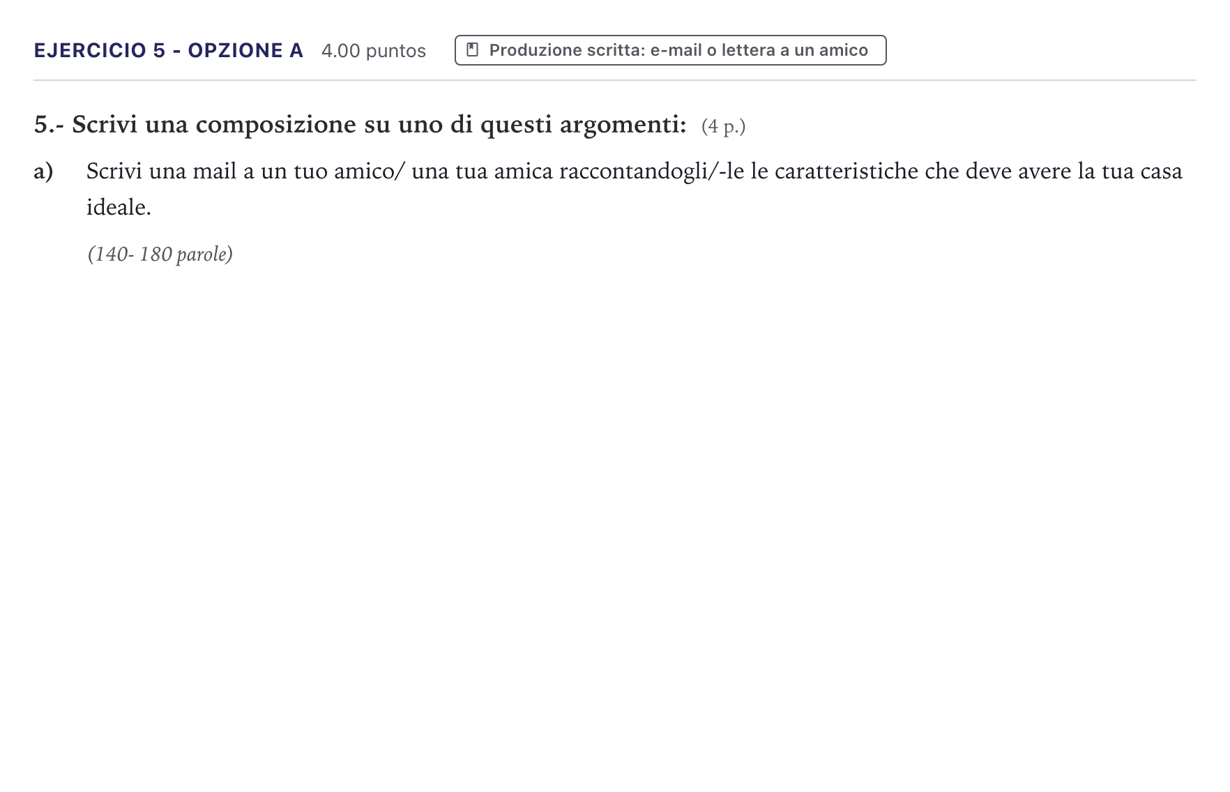 Enunciado: Ejercicio 5 - Opzione a · Italiano PAU Canarias Julio (Reserva) 2026