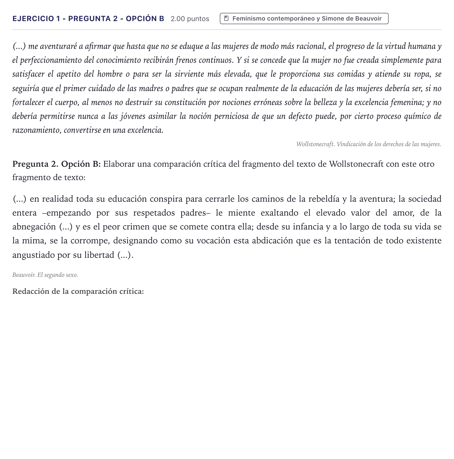 Enunciado: Ejercicio 1 - Pregunta 2 - Opción B · Historia de la Filosofía PAU Canarias Julio 2026