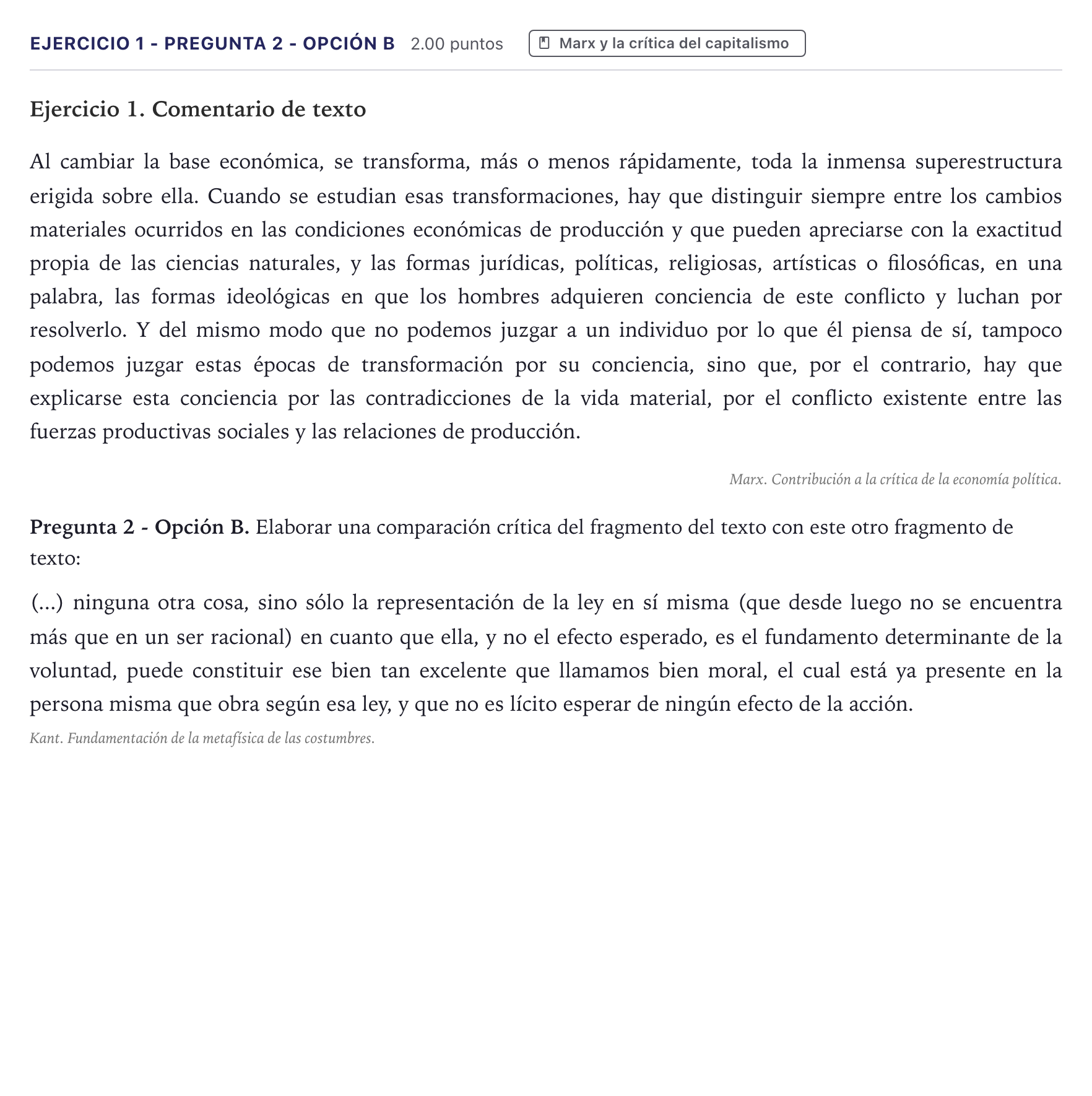 Enunciado: Ejercicio 1 - Pregunta 2 - Opción B · Historia de la Filosofía PAU Canarias Julio (Reserva) 2026