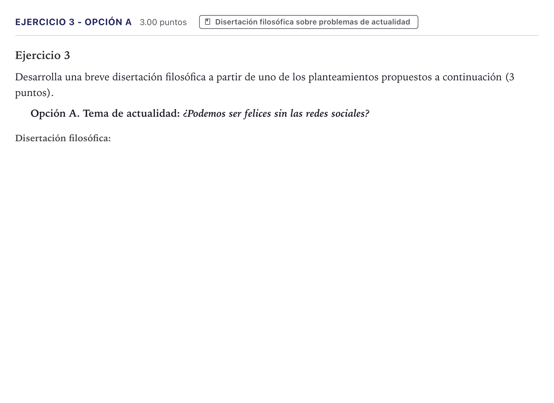 Enunciado: Ejercicio 3 - Opción A · Historia de la Filosofía PAU Canarias Julio (Reserva) 2026