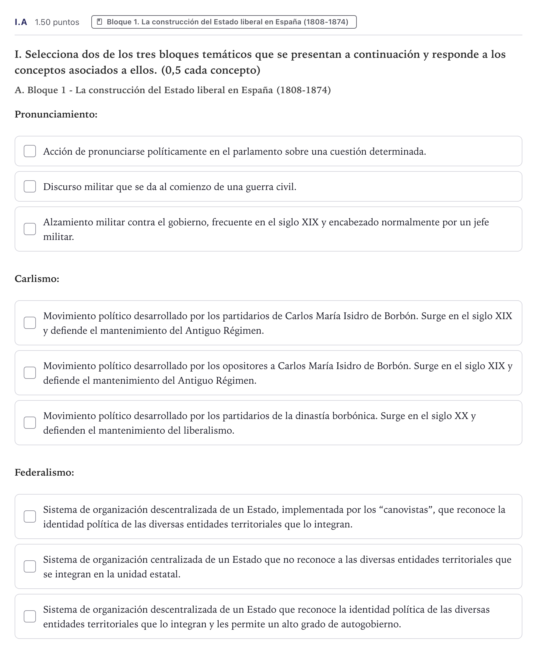 Enunciado: Ejercicio I.A · Historia de España PAU Canarias Julio 2026
