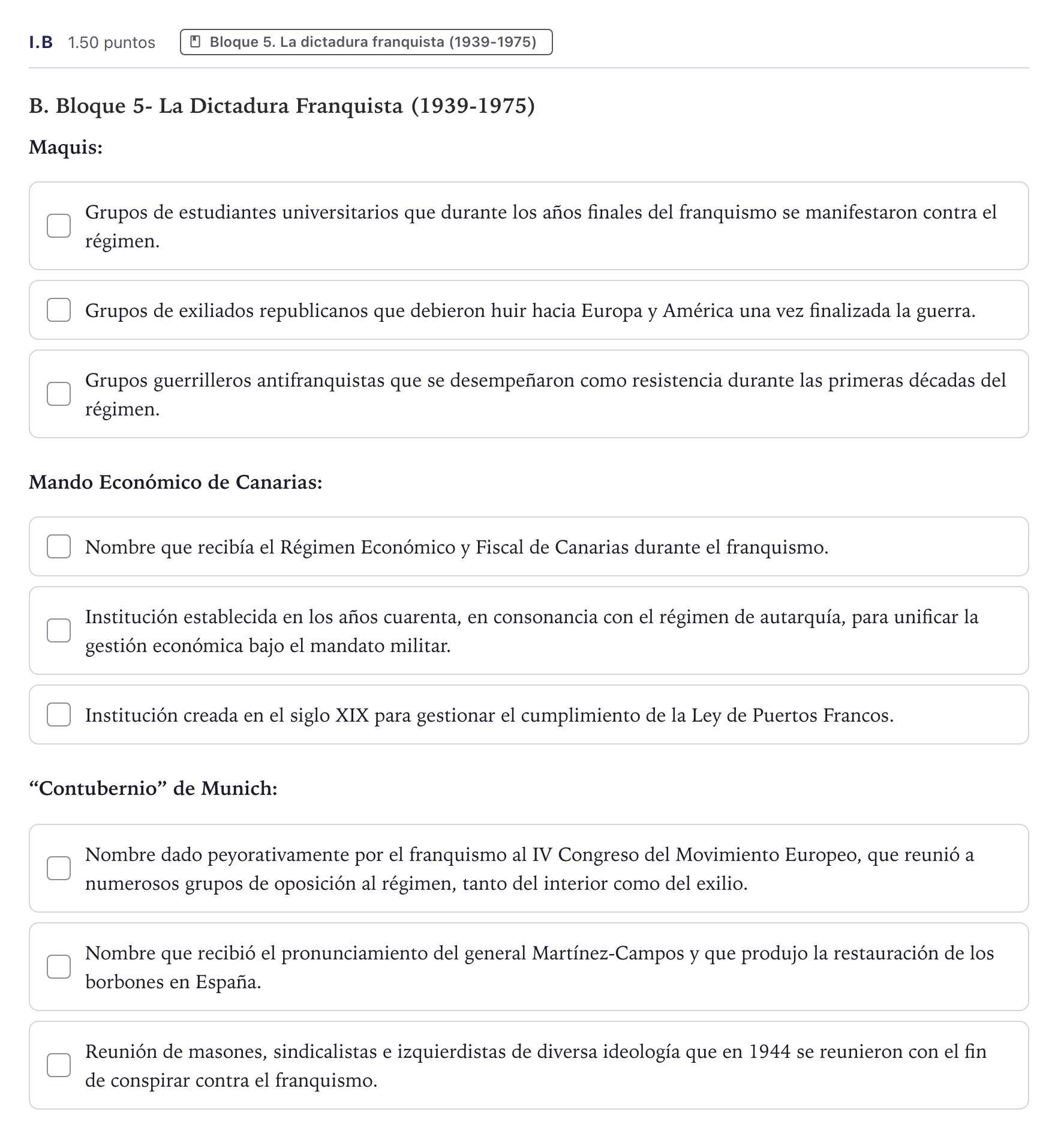 Enunciado: Ejercicio I.B · Historia de España PAU Canarias Julio 2026
