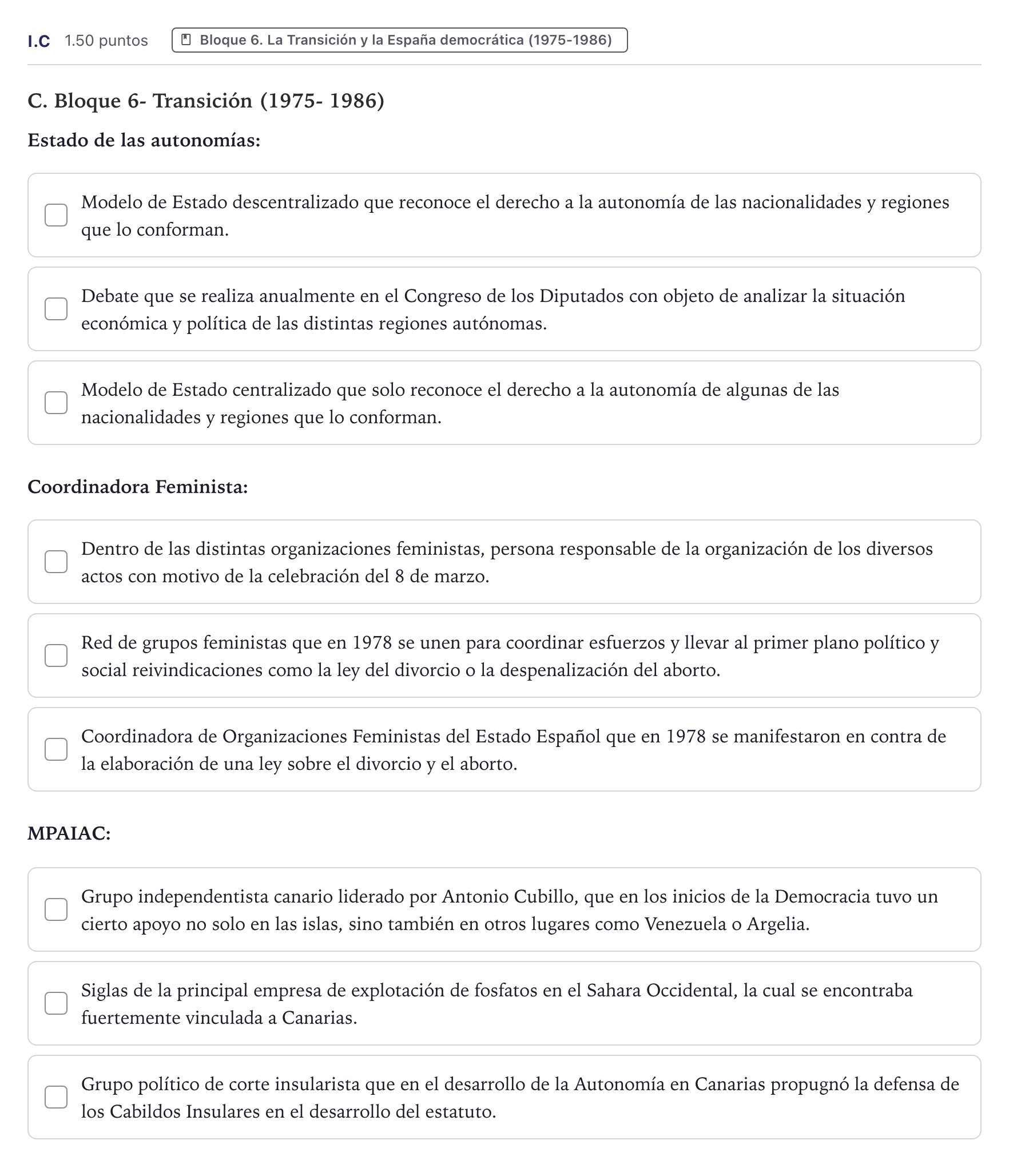 Enunciado: Ejercicio I.C · Historia de España PAU Canarias Julio 2026