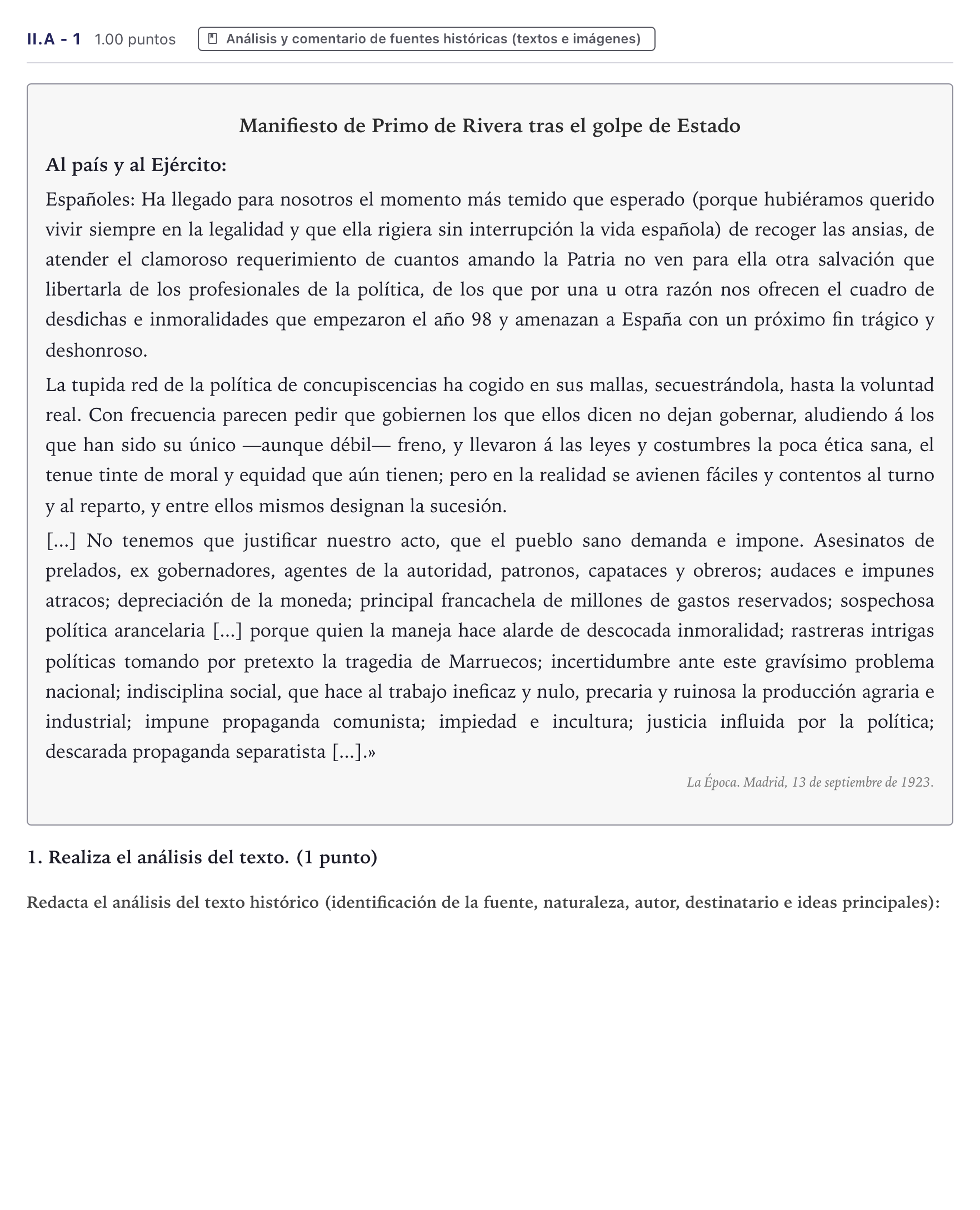 Enunciado: Ejercicio II.A - 1 · Historia de España PAU Canarias Julio 2026