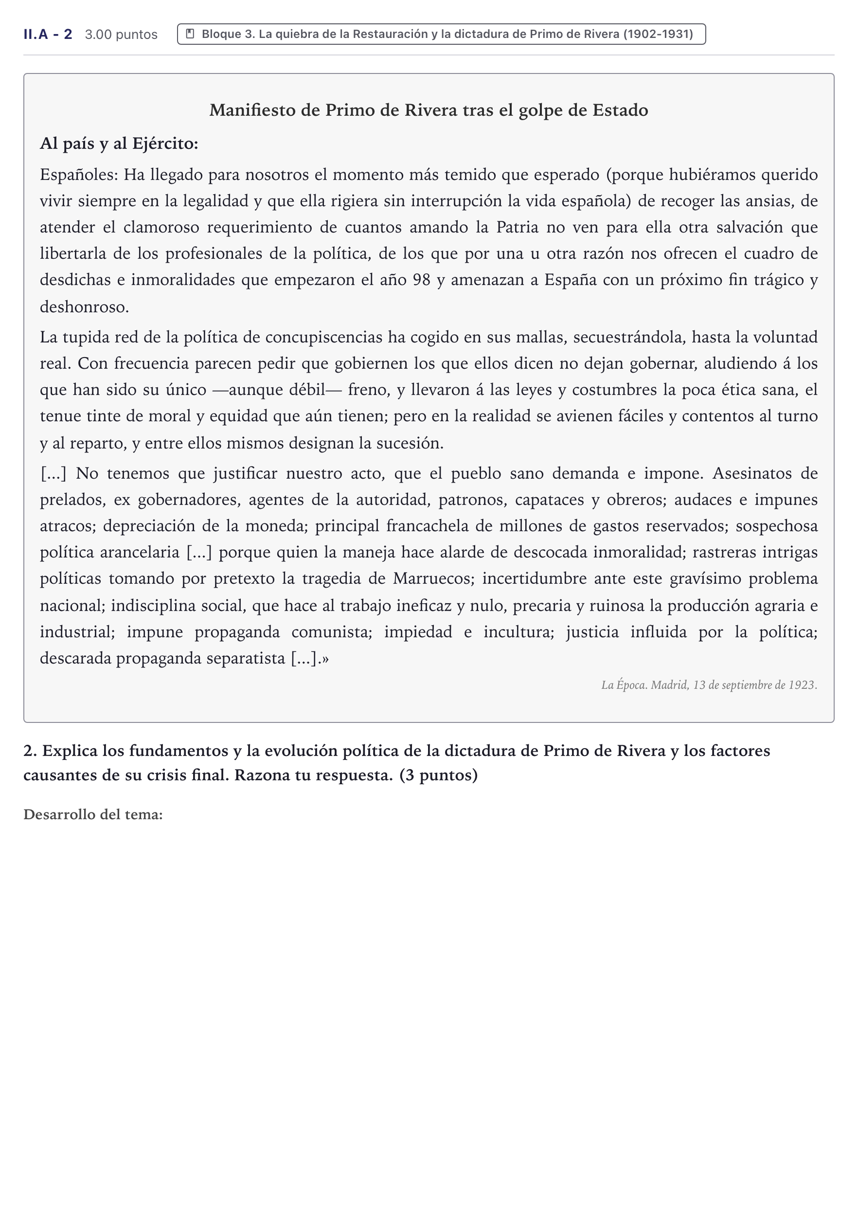 Enunciado: Ejercicio II.A - 2 · Historia de España PAU Canarias Julio 2026