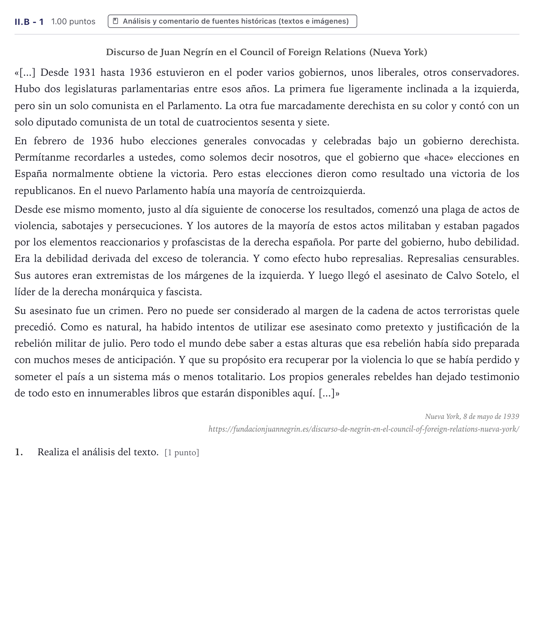 Enunciado: Ejercicio II.B - 1 · Historia de España PAU Canarias Julio 2026
