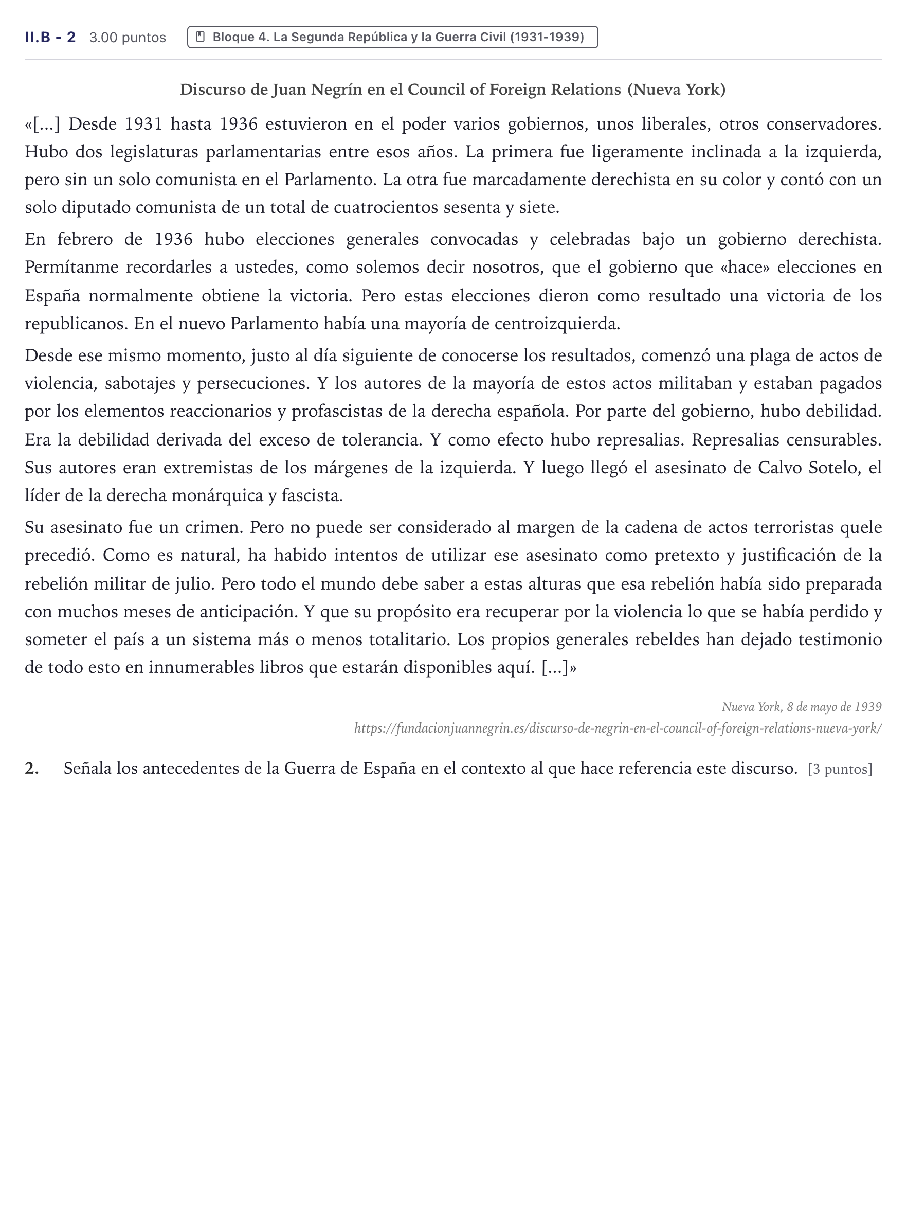 Enunciado: Ejercicio II.B - 2 · Historia de España PAU Canarias Julio 2026