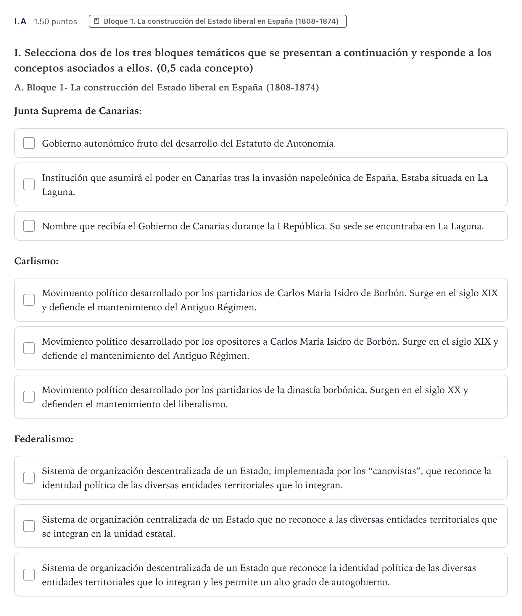 Enunciado: Ejercicio I.A · Historia de España PAU Canarias Julio (Reserva) 2026