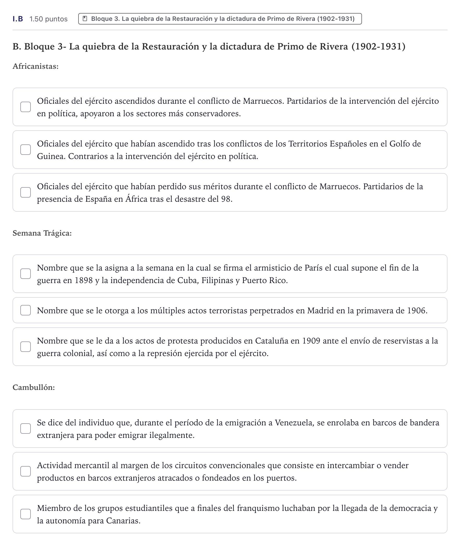 Enunciado: Ejercicio I.B · Historia de España PAU Canarias Julio (Reserva) 2026