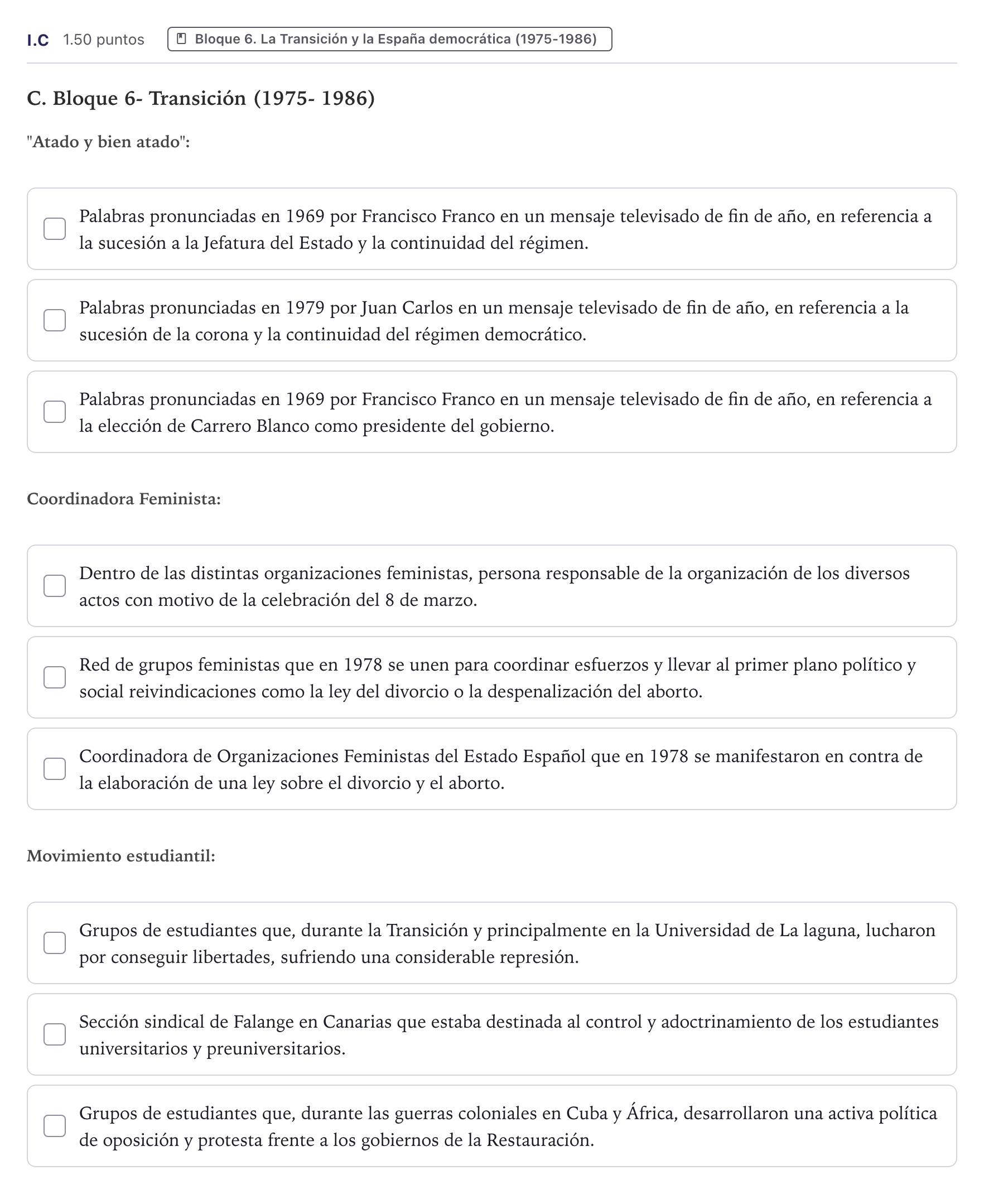 Enunciado: Ejercicio I.C · Historia de España PAU Canarias Julio (Reserva) 2026