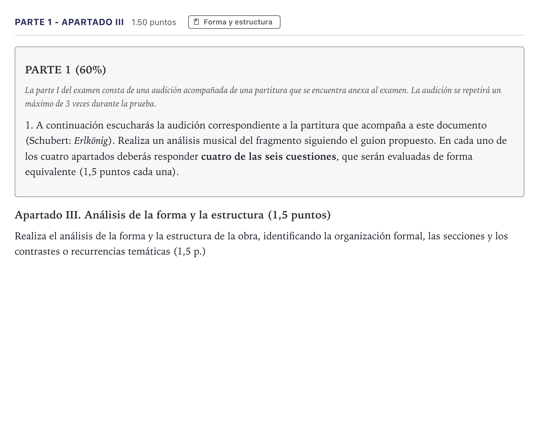 Enunciado: Ejercicio Parte 1 - Apartado III · Análisis Musical II PAU Canarias Julio 2026
