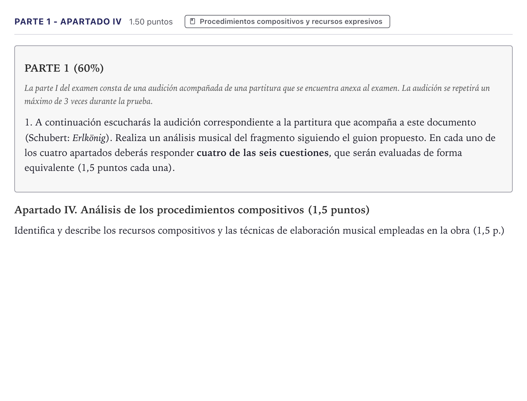 Enunciado: Ejercicio Parte 1 - Apartado IV · Análisis Musical II PAU Canarias Julio 2026