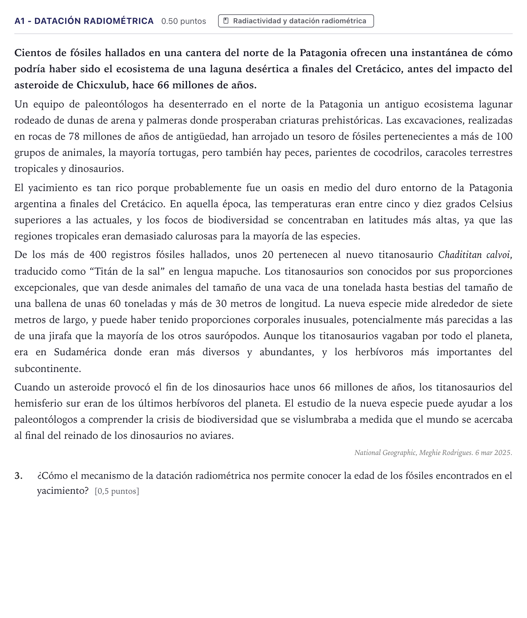 Enunciado: Ejercicio A1 - Datación radiométrica · Ciencias Generales PAU Canarias Julio (Ciencias) 2026