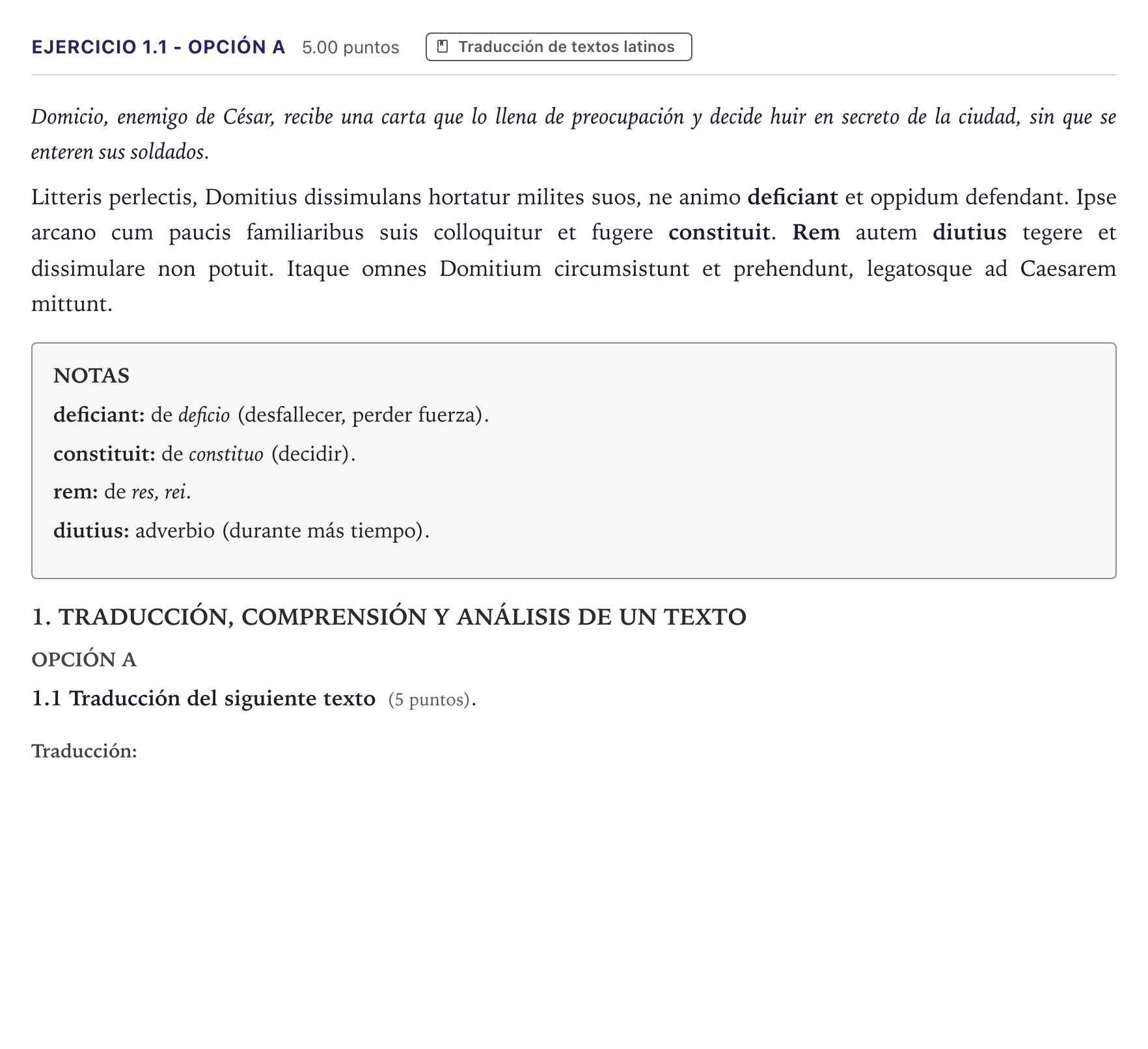 Enunciado: Ejercicio 1.1 - Opción A · Latín II PAU Canarias Julio 2026