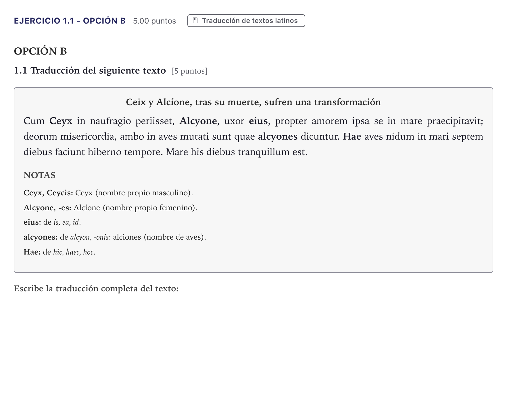 Enunciado: Ejercicio 1.1 - Opción B · Latín II PAU Canarias Julio 2026