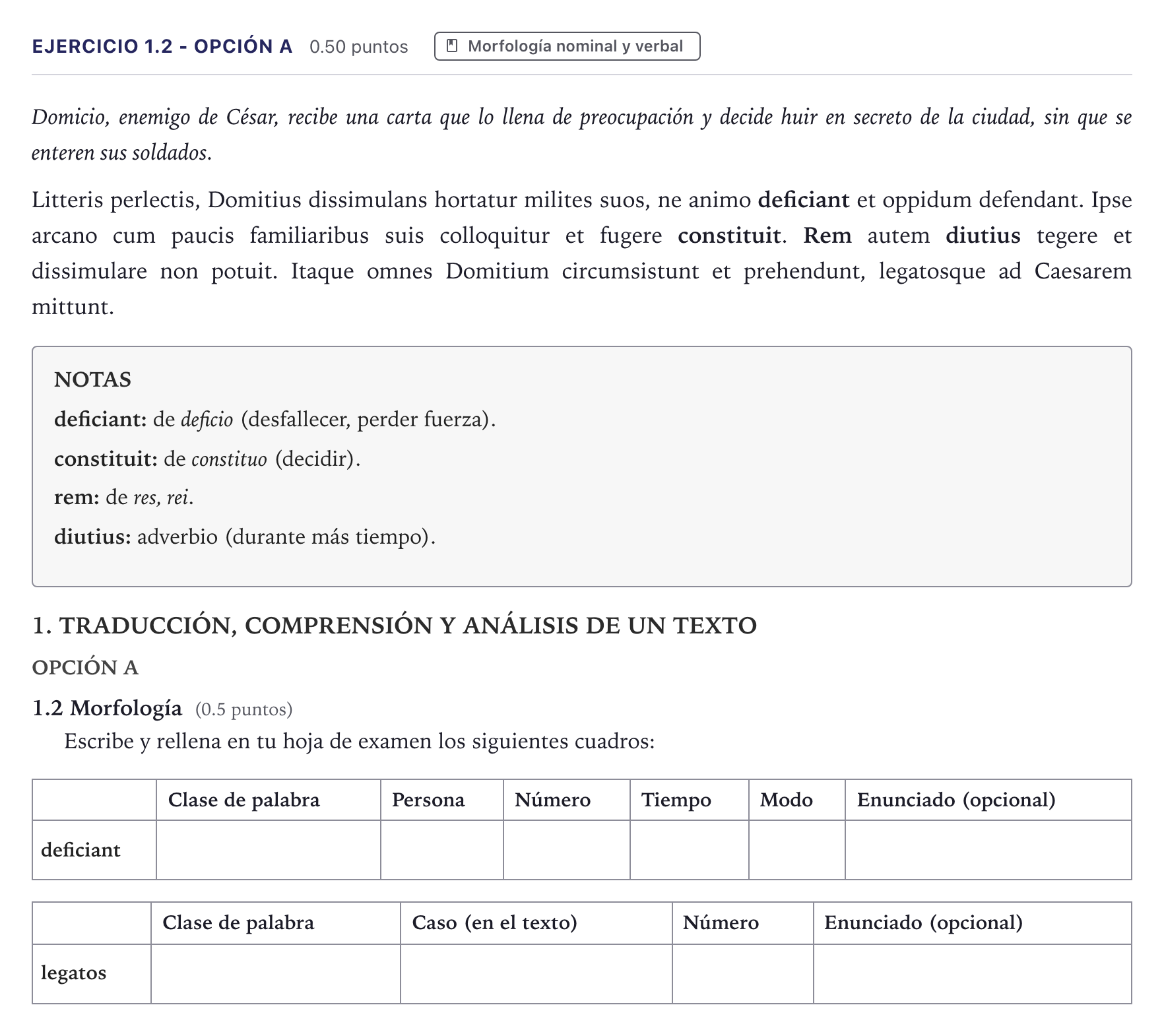 Enunciado: Ejercicio 1.2 - Opción A · Latín II PAU Canarias Julio 2026