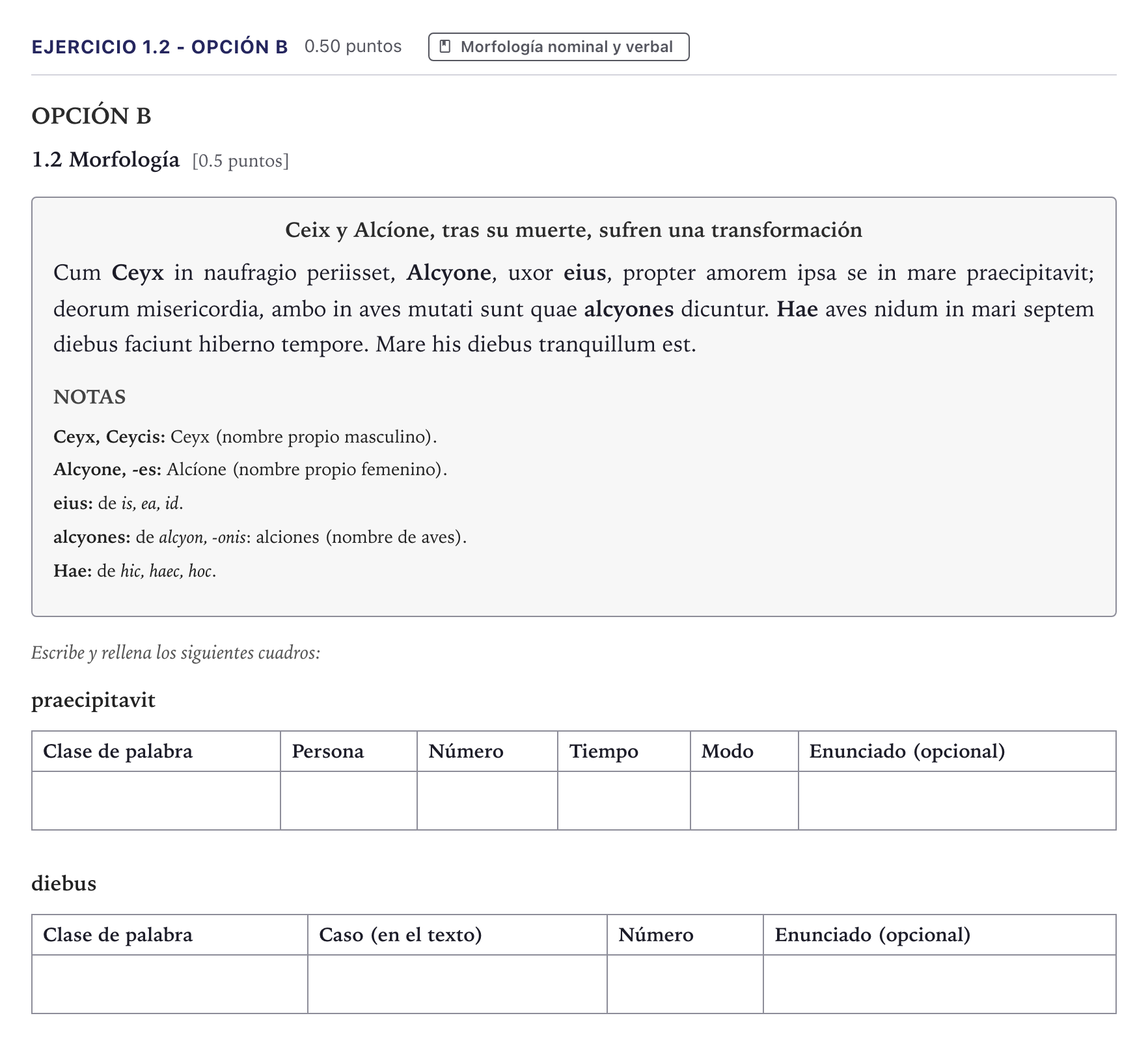 Enunciado: Ejercicio 1.2 - Opción B · Latín II PAU Canarias Julio 2026