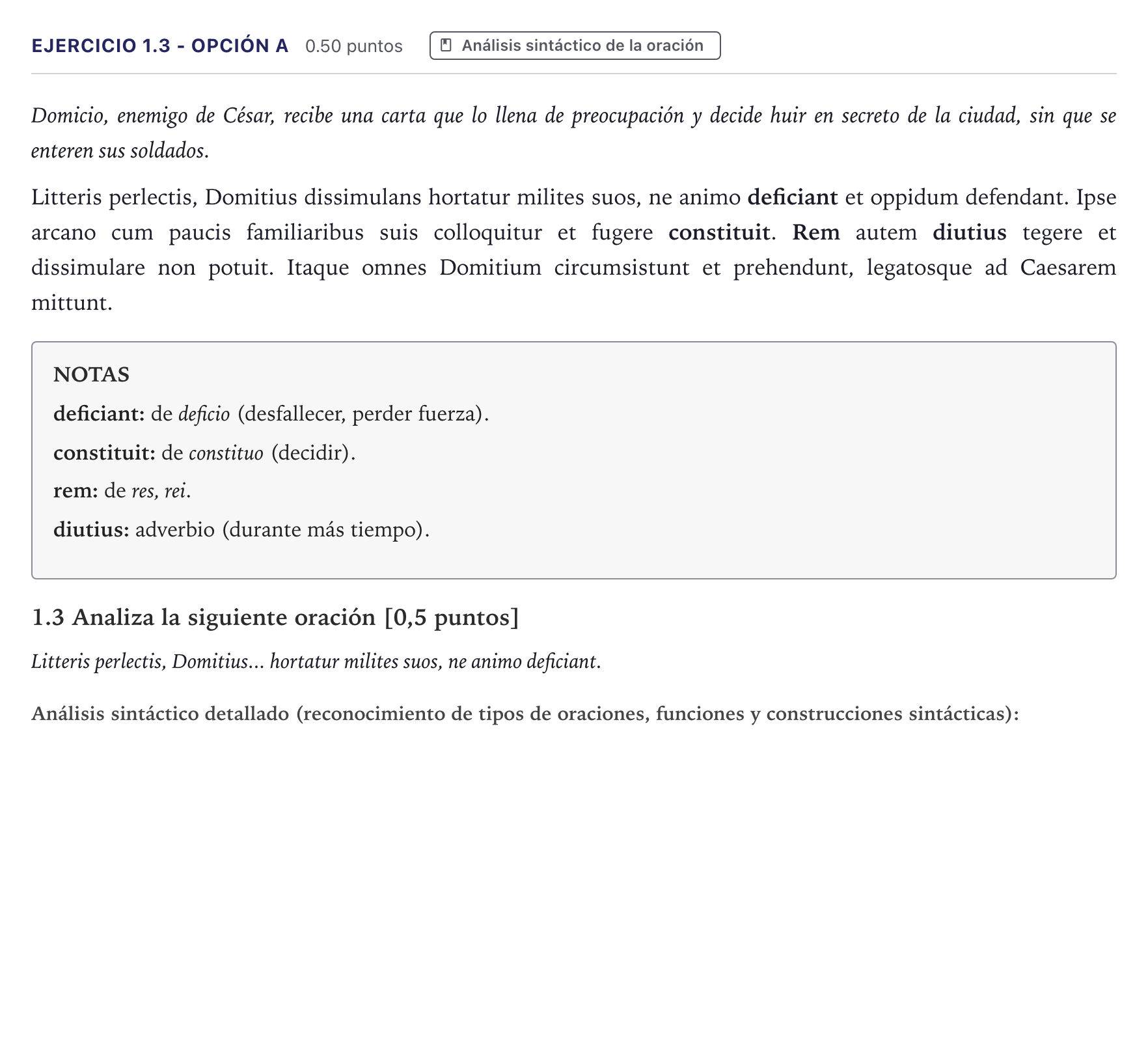 Enunciado: Ejercicio 1.3 - Opción A · Latín II PAU Canarias Julio 2026