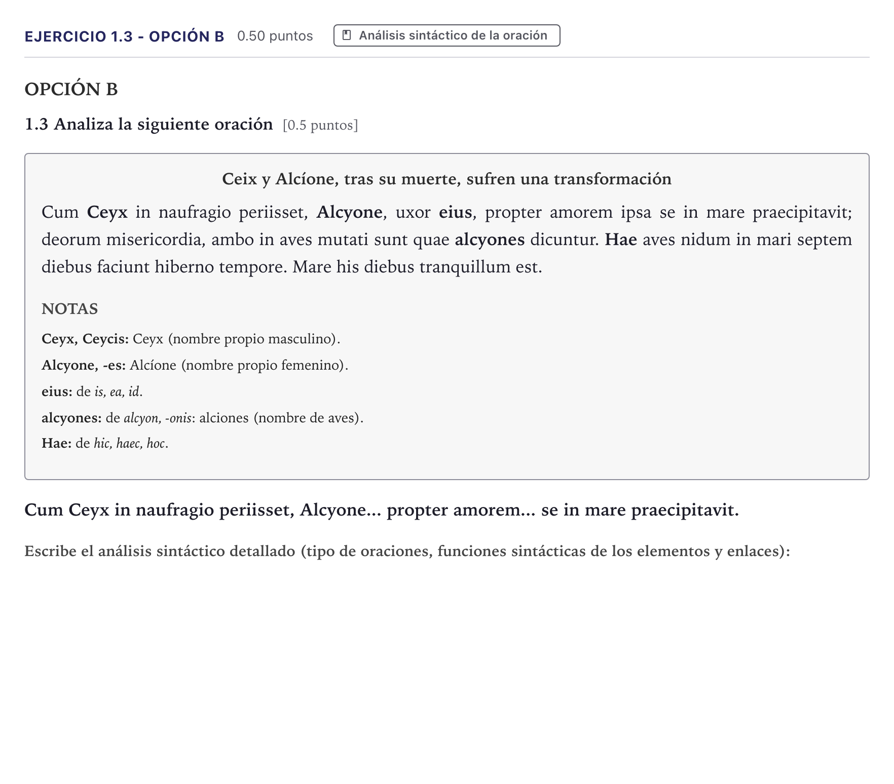 Enunciado: Ejercicio 1.3 - Opción B · Latín II PAU Canarias Julio 2026