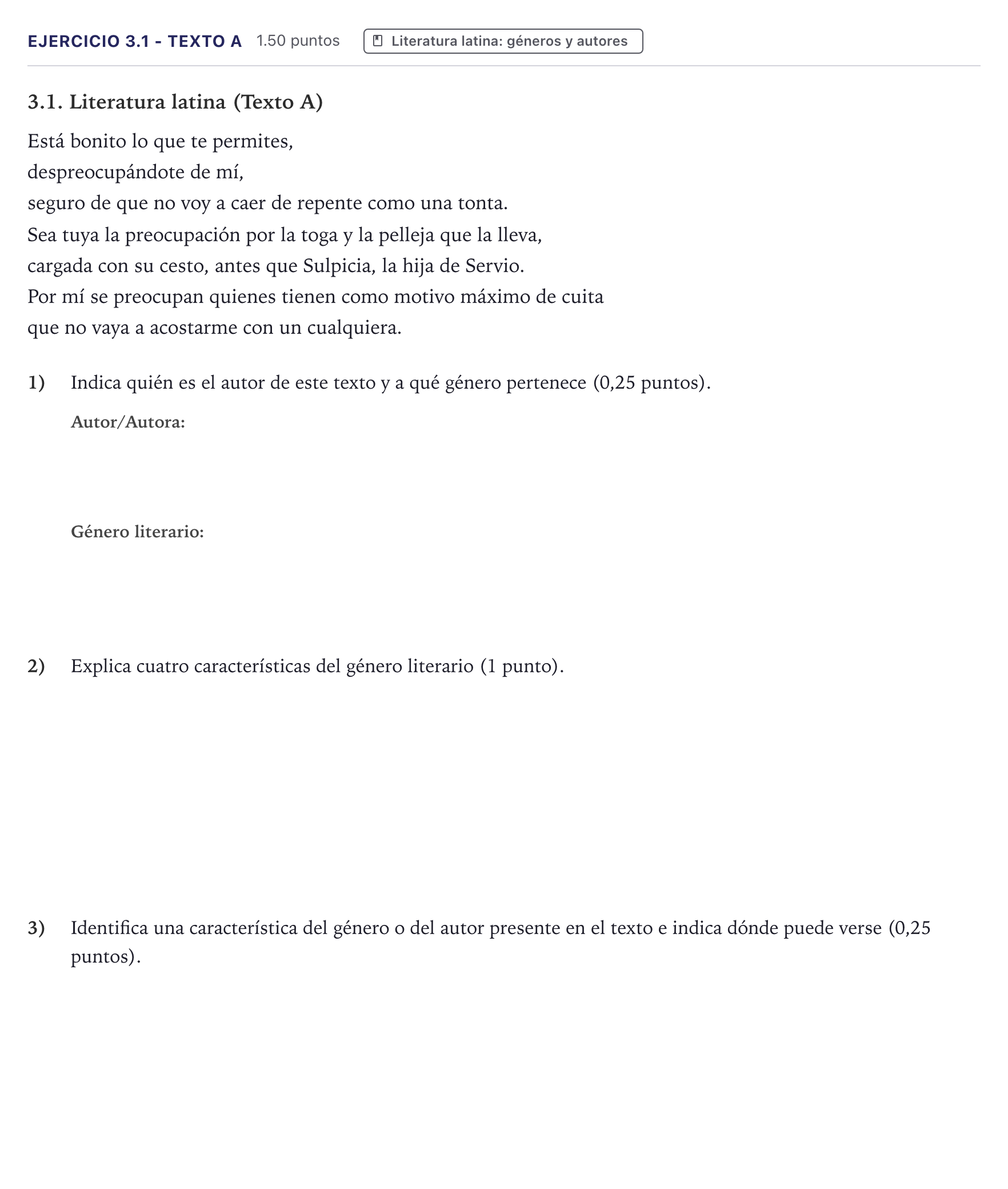 Enunciado: Ejercicio 3.1 - Texto A · Latín II PAU Canarias Julio 2026