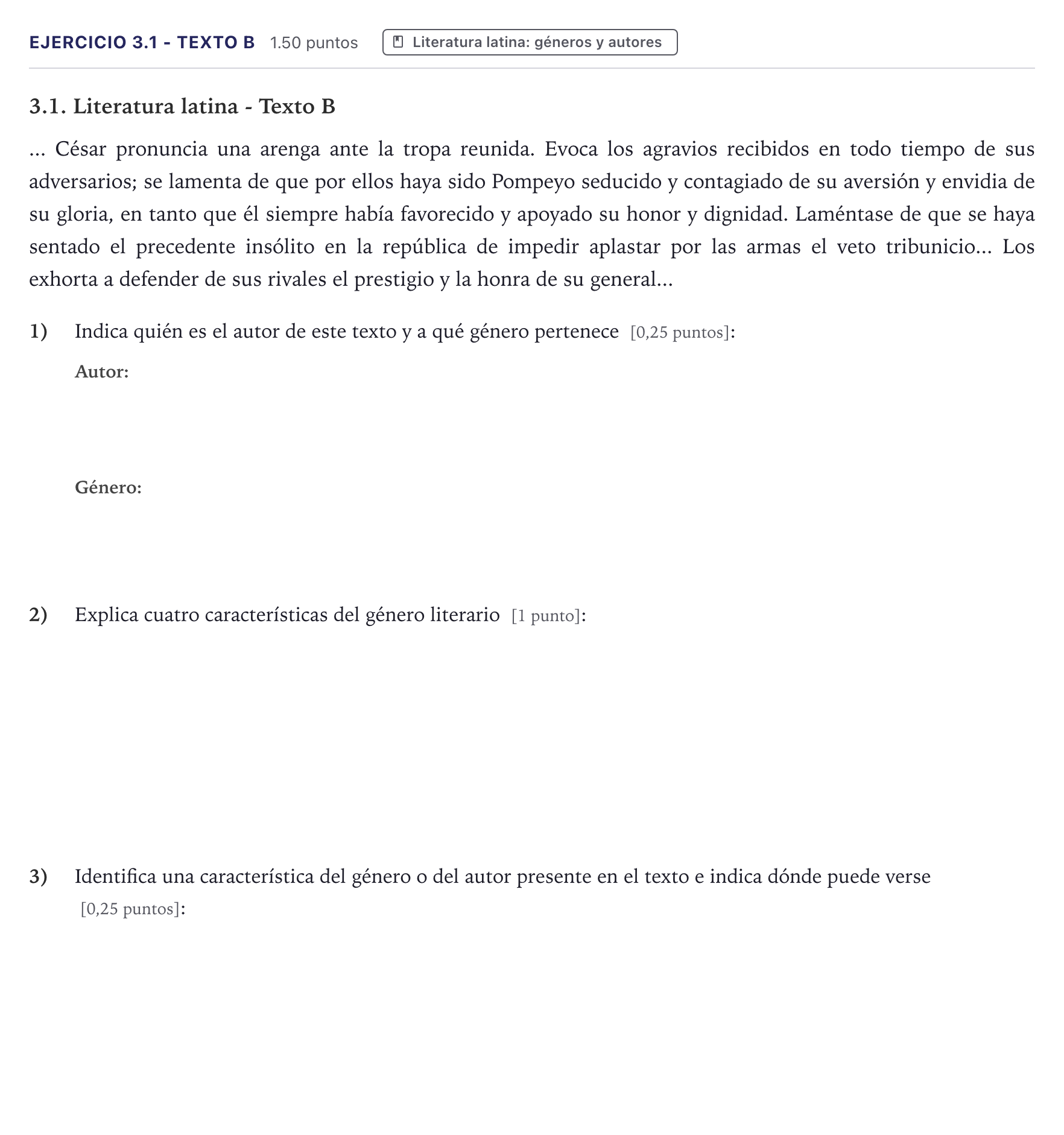 Enunciado: Ejercicio 3.1 - Texto B · Latín II PAU Canarias Julio 2026