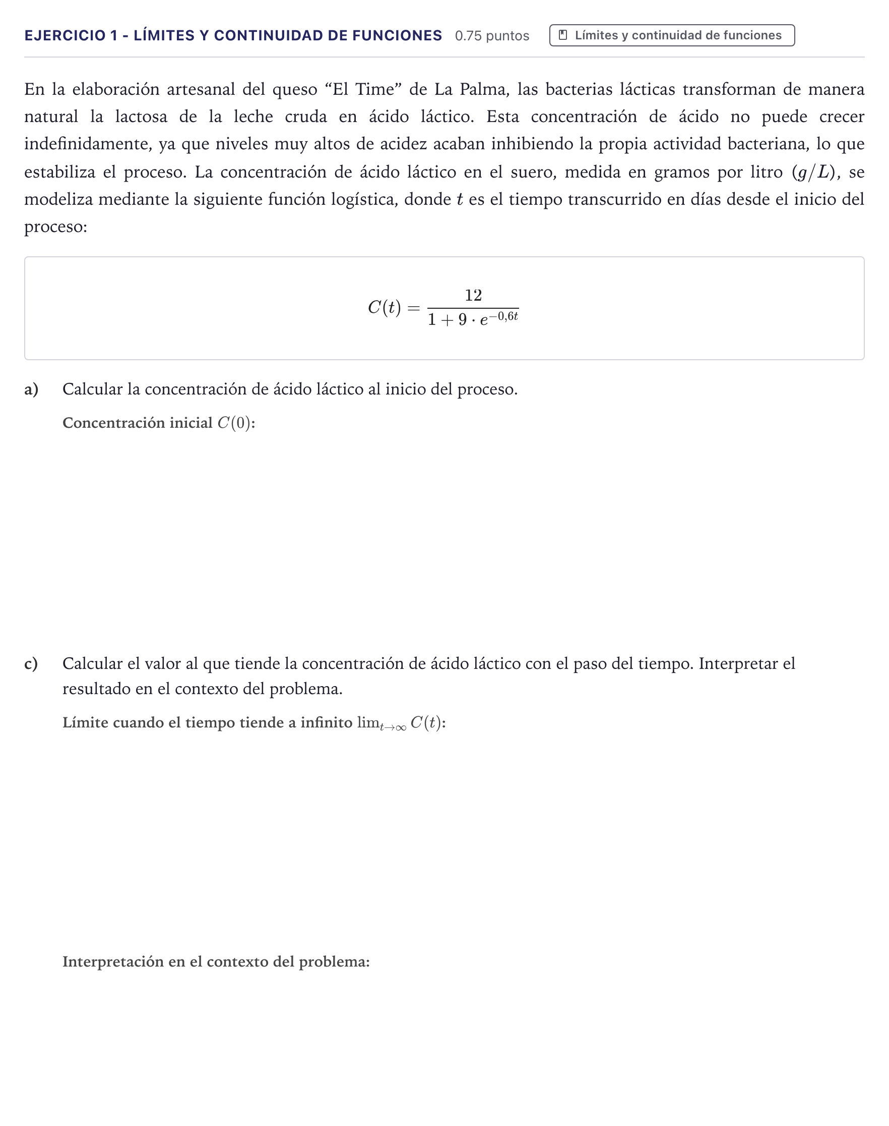 Enunciado: Ejercicio 1 - Límites y continuidad de funciones · Matemáticas II PAU Canarias Julio (Reserva) 2026