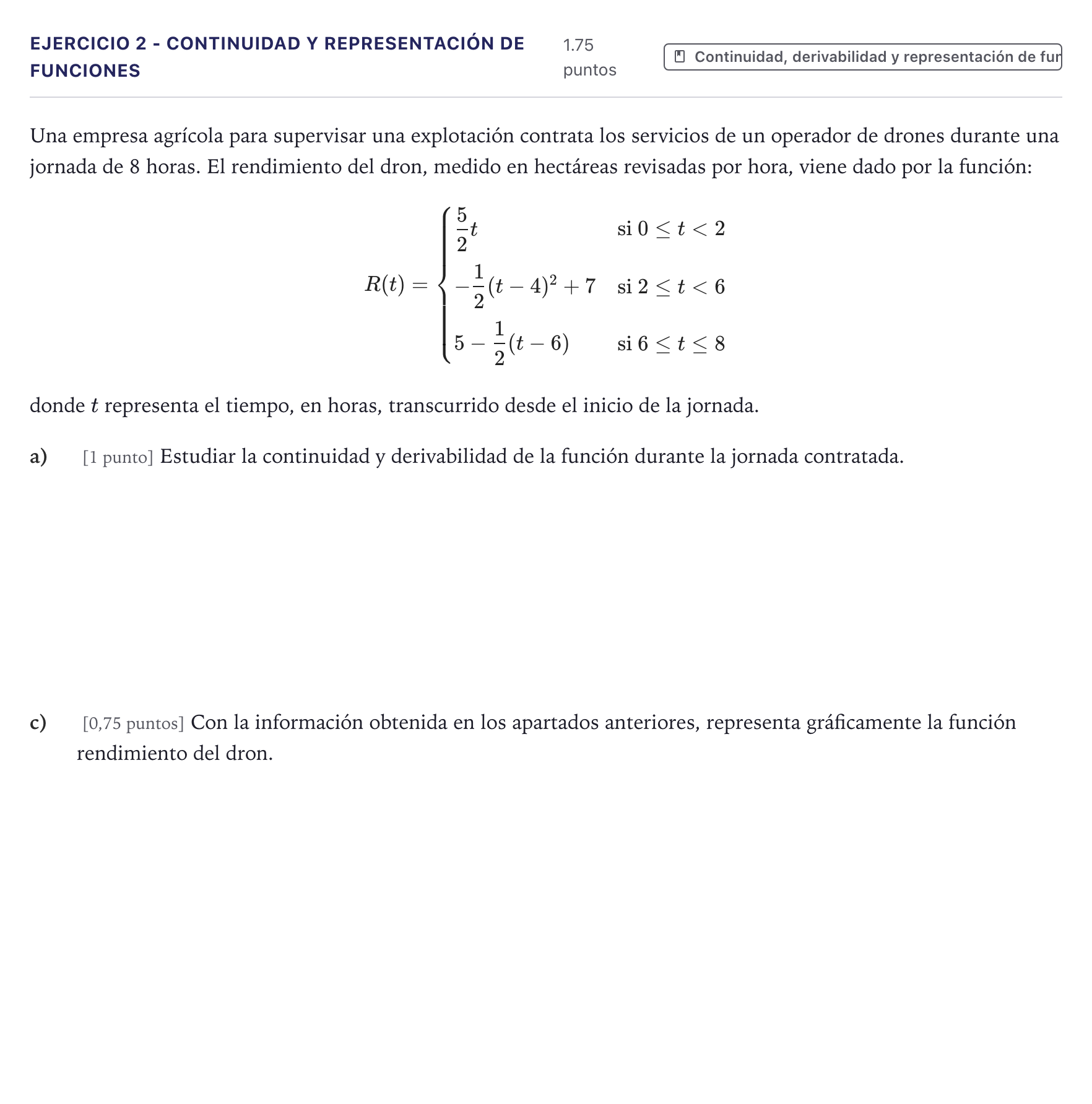 Enunciado: Ejercicio 2 - Continuidad y representación de funciones · Matemáticas aplicadas a las Ciencias Sociales II PAU Canarias Julio (Reserva) 2026