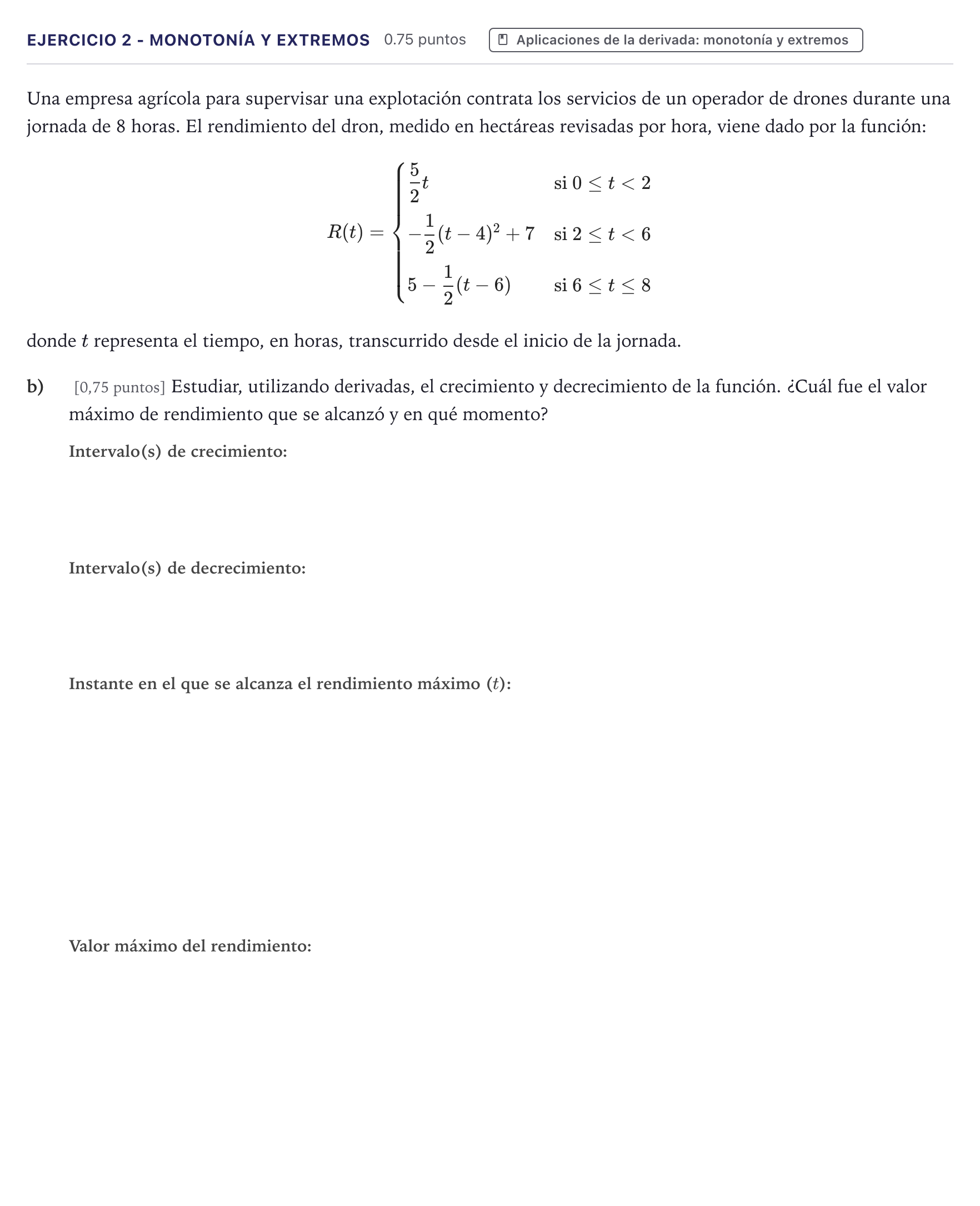 Enunciado: Ejercicio 2 - Monotonía y extremos · Matemáticas aplicadas a las Ciencias Sociales II PAU Canarias Julio (Reserva) 2026