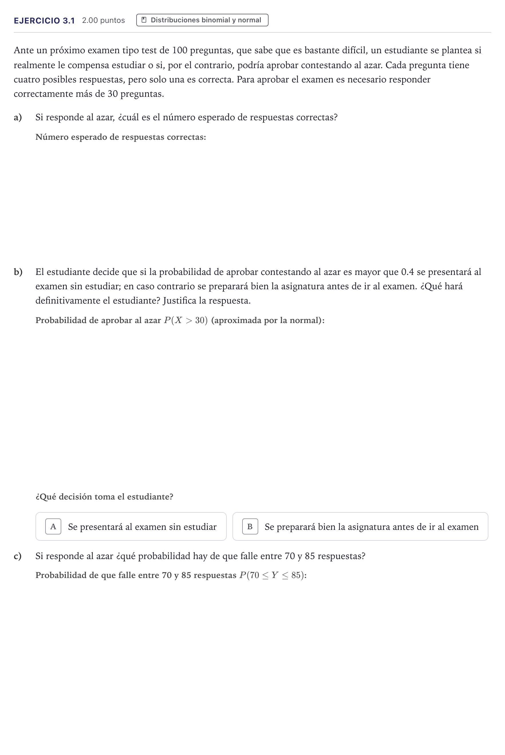 Enunciado: Ejercicio 3.1 · Matemáticas aplicadas a las Ciencias Sociales II PAU Canarias Julio (Reserva) 2026