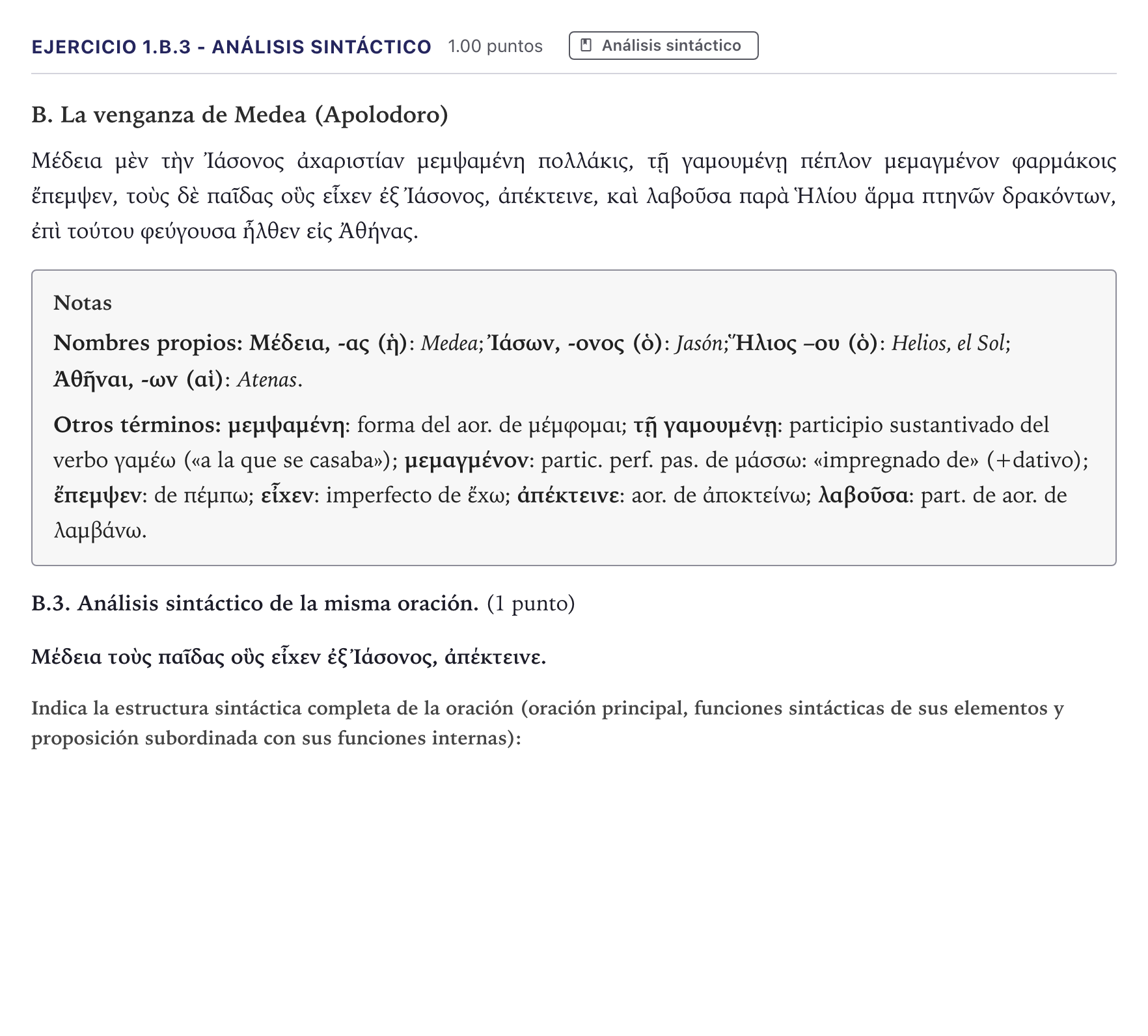 Enunciado: Ejercicio 1.B.3 - Análisis sintáctico · Griego II PAU Canarias Julio 2026