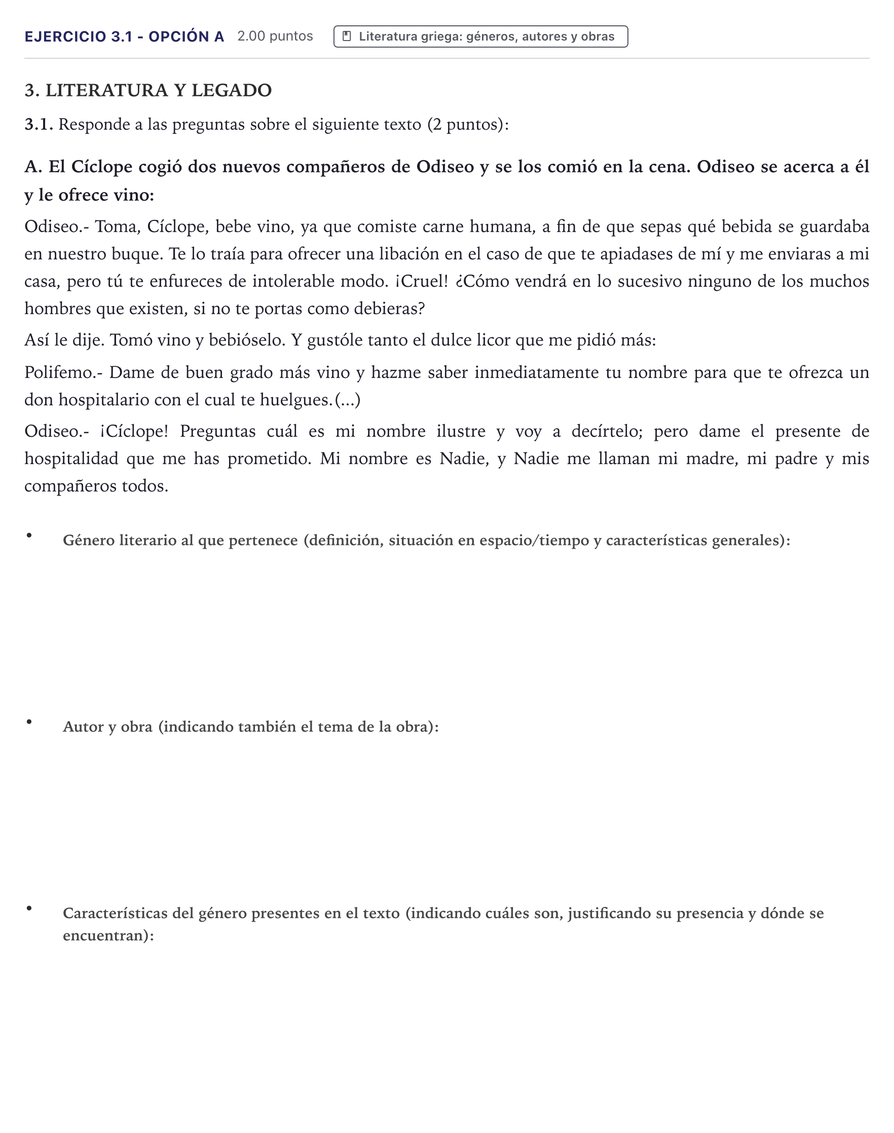 Enunciado: Ejercicio 3.1 - Opción A · Griego II PAU Canarias Julio 2026