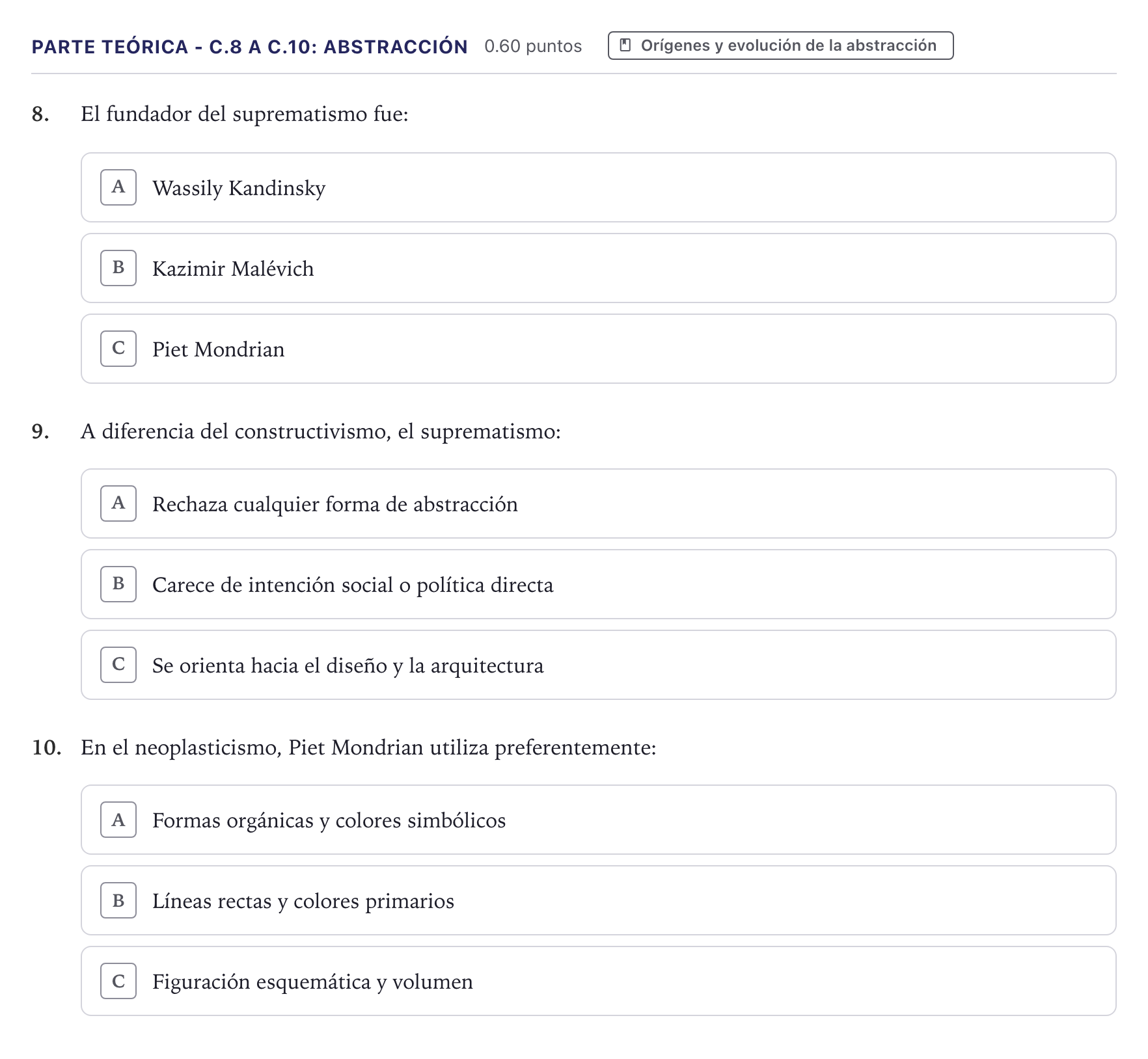 Enunciado: Ejercicio Parte Teórica - C.8 a C.10: Abstracción · Fundamentos Artísticos PAU Canarias Julio 2026