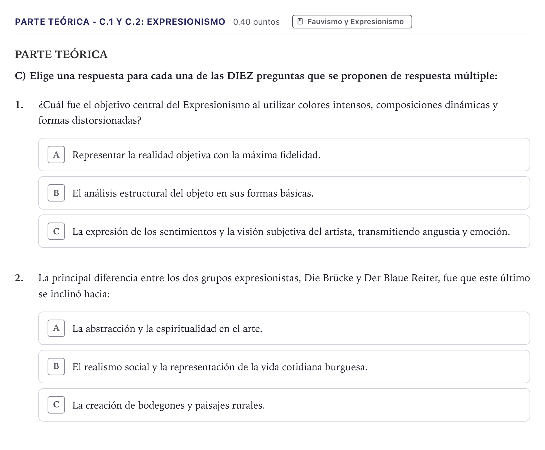 Enunciado: Ejercicio Parte Teórica - C.1 y C.2: Expresionismo · Fundamentos Artísticos PAU Canarias Julio 2026