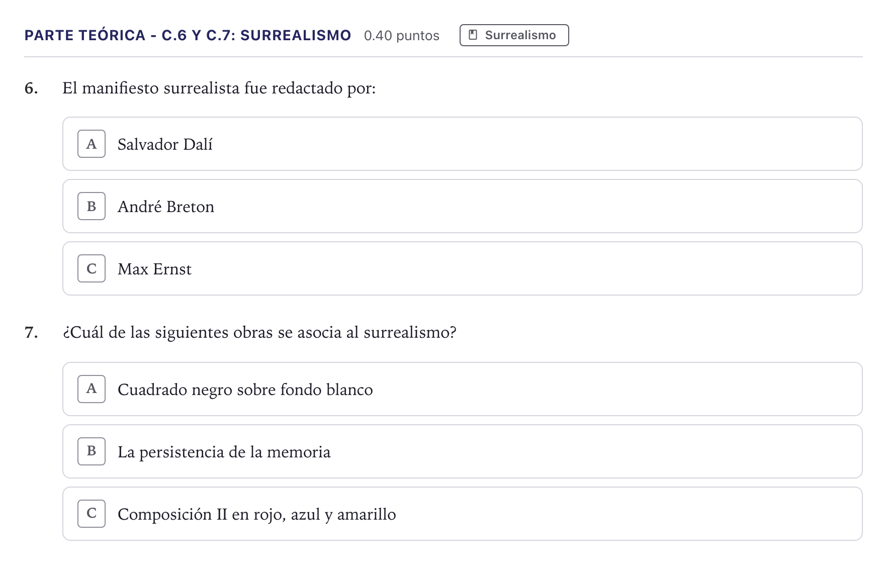Enunciado: Ejercicio Parte Teórica - C.6 y C.7: Surrealismo · Fundamentos Artísticos PAU Canarias Julio 2026