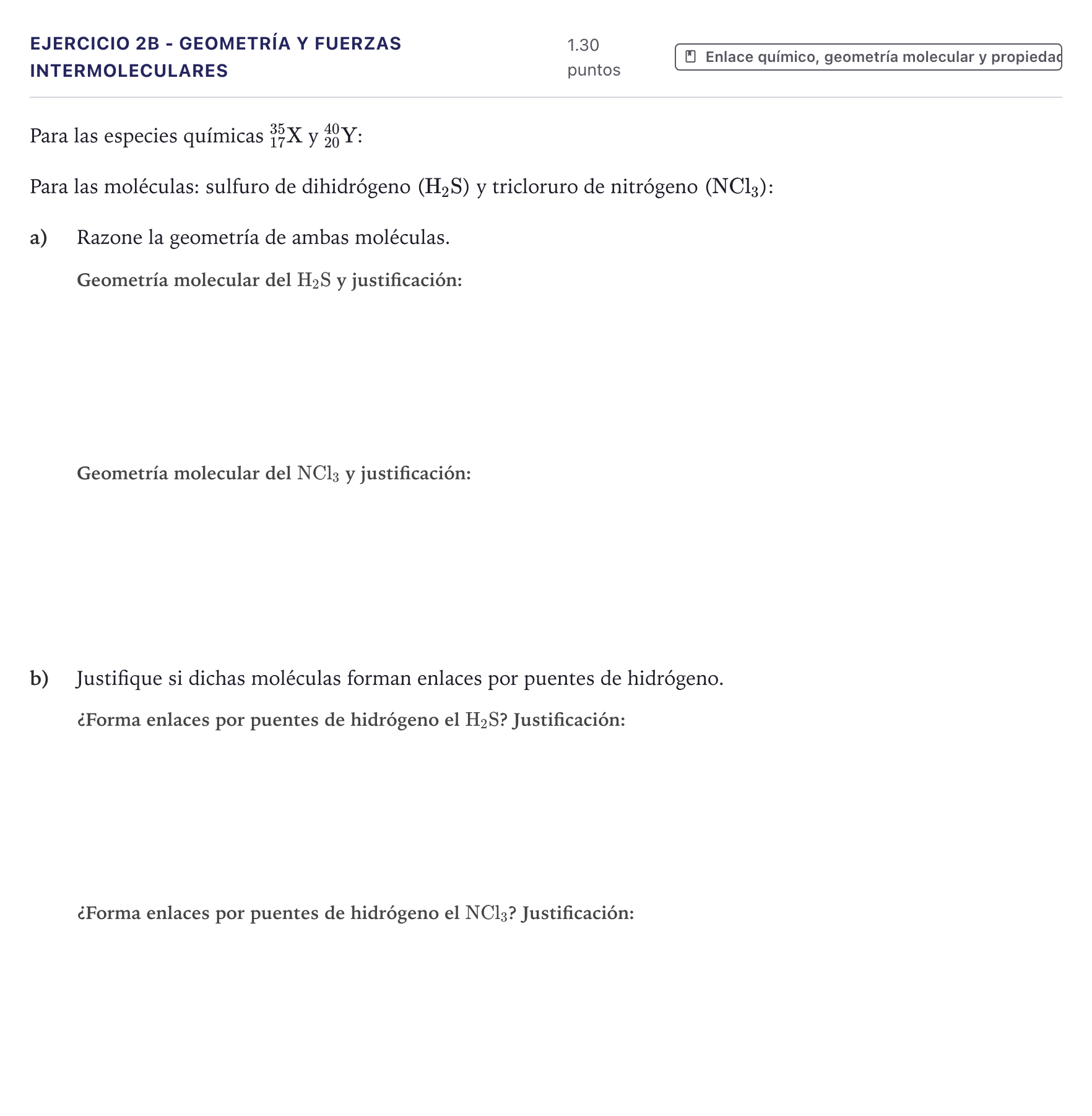 Enunciado: Ejercicio 2B - Geometría y fuerzas intermoleculares · Química PAU Canarias Julio 2026