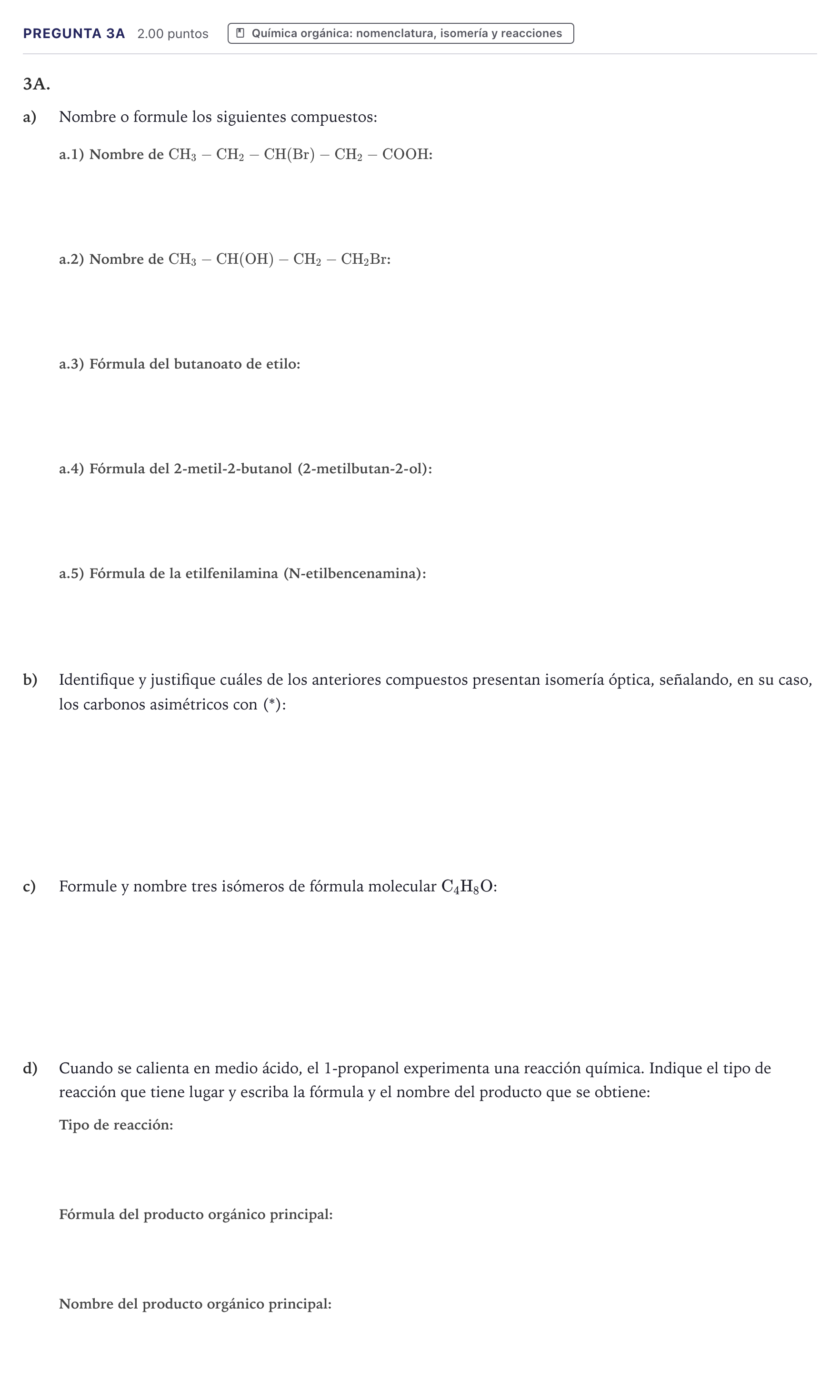 Enunciado: Pregunta 3A · Química PAU Canarias Julio 2026