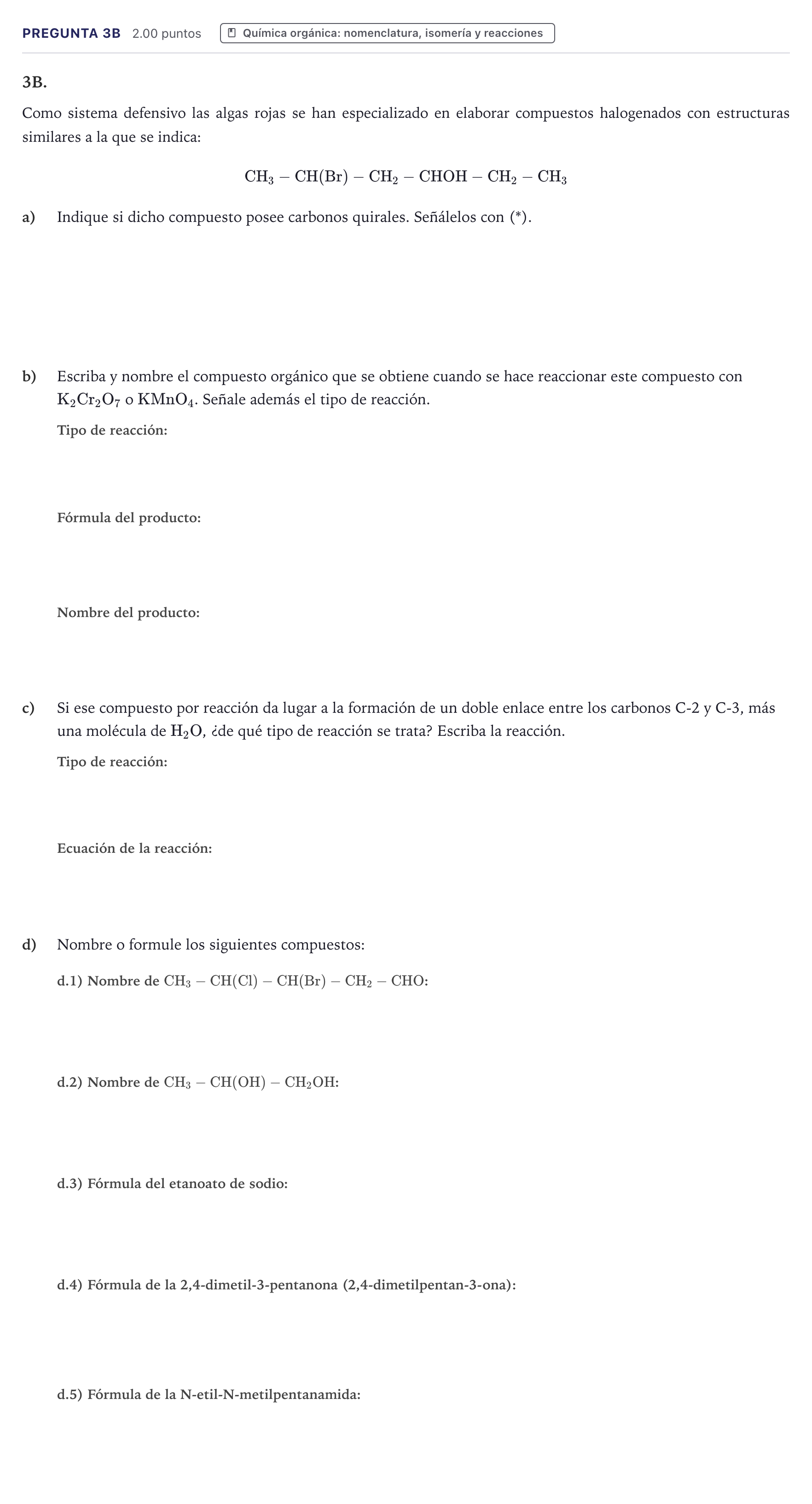Enunciado: Pregunta 3B · Química PAU Canarias Julio 2026