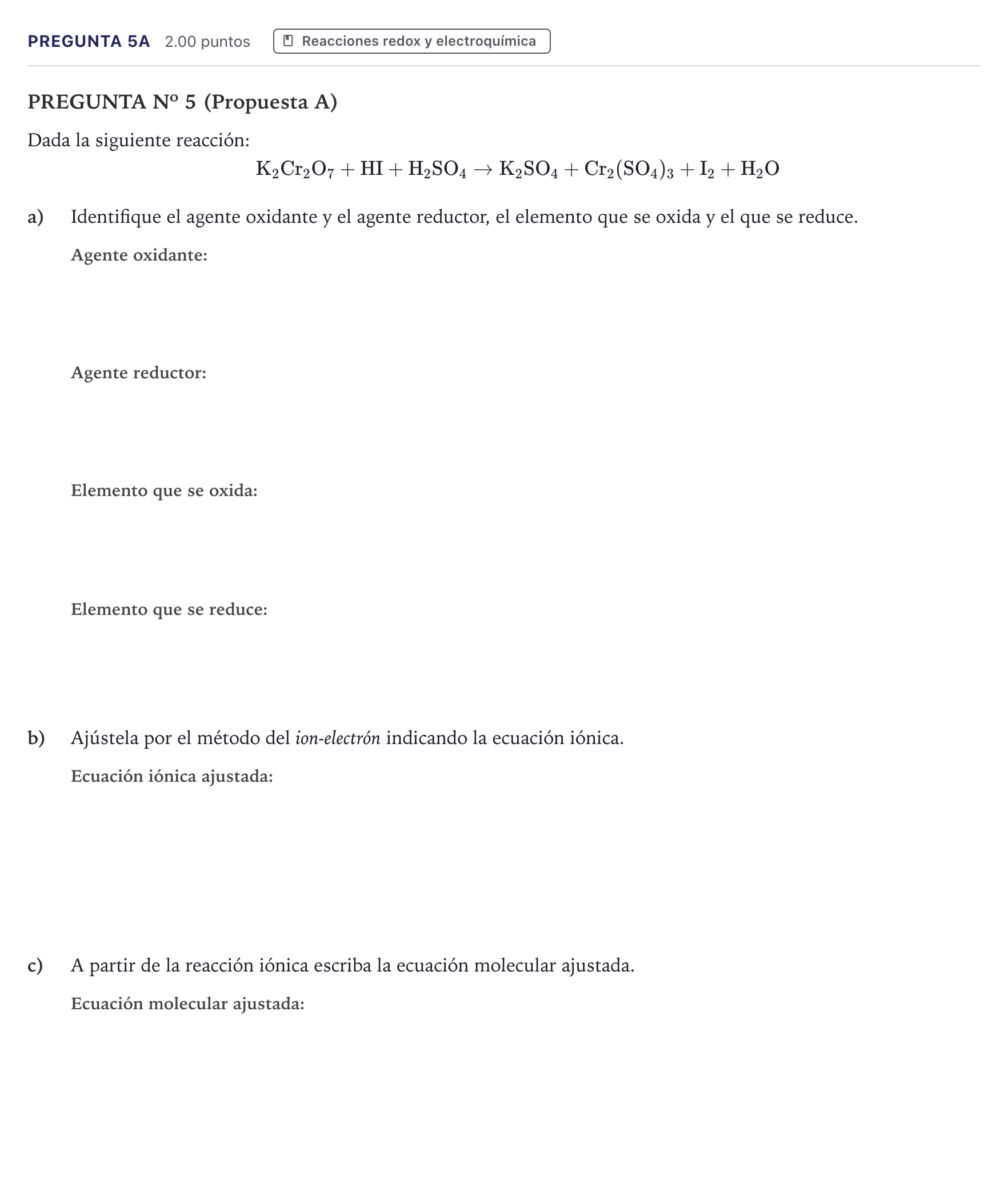 Enunciado: Pregunta 5A · Química PAU Canarias Julio 2026