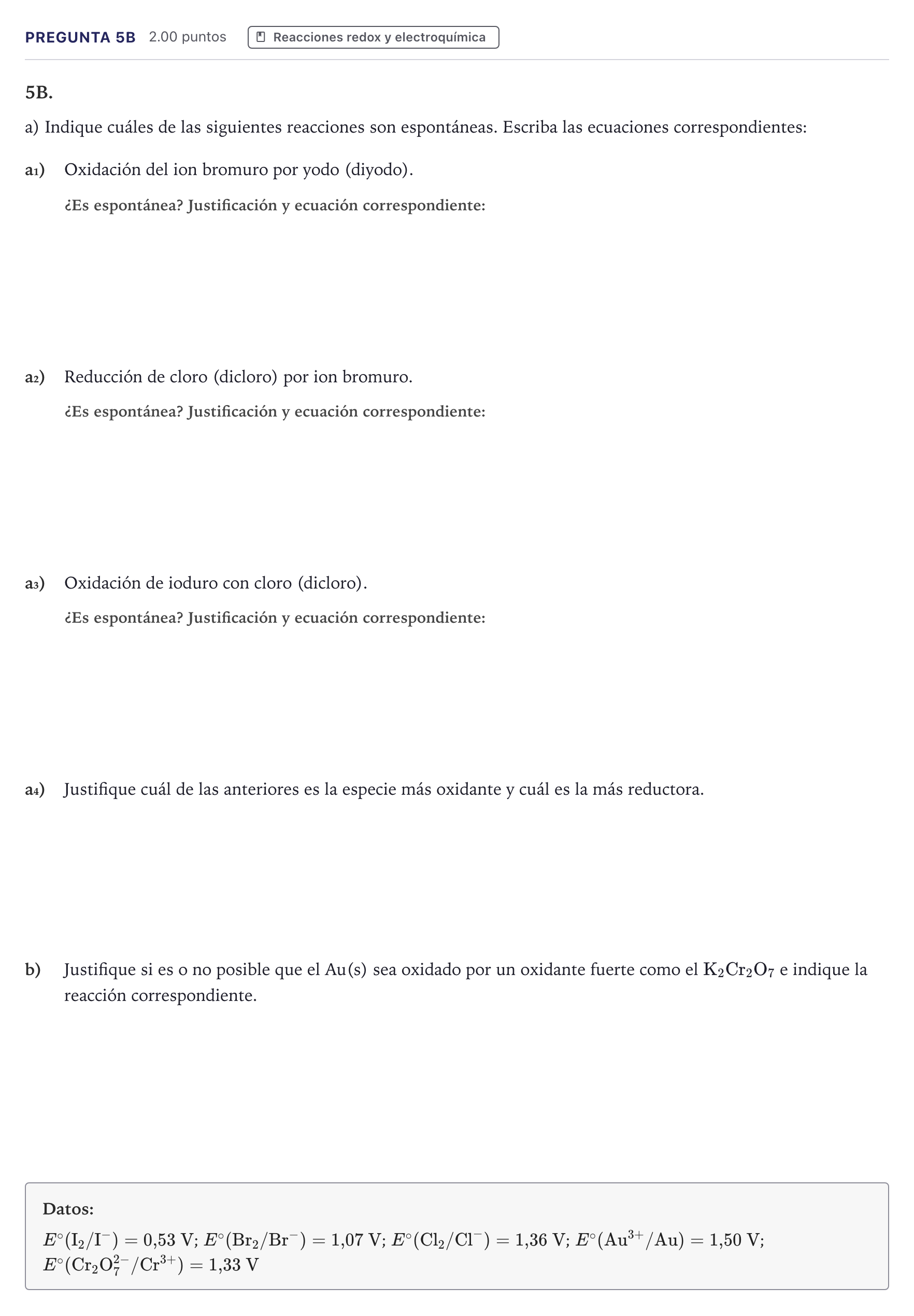 Enunciado: Pregunta 5B · Química PAU Canarias Julio 2026
