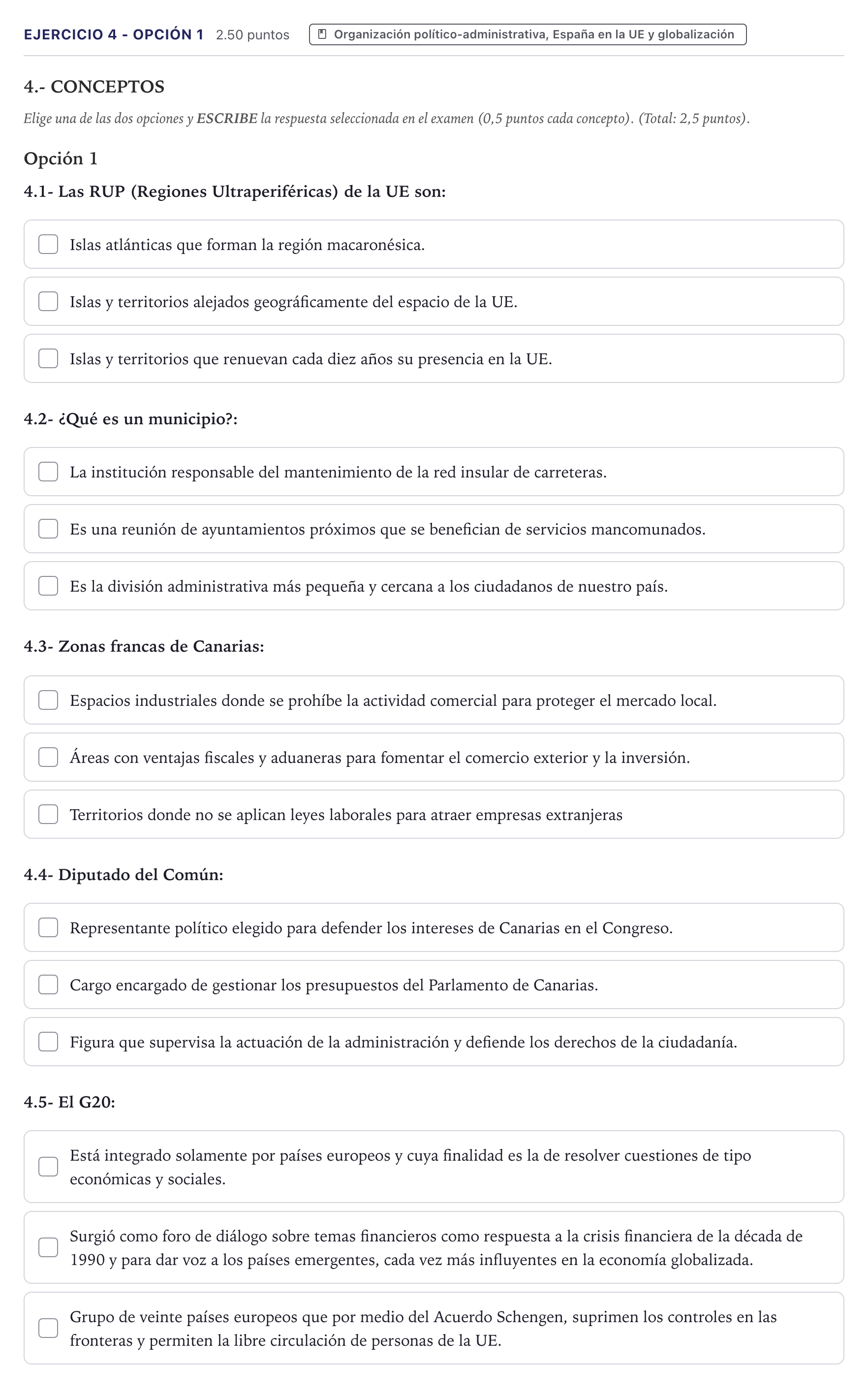 Enunciado: Ejercicio 4 - Opción 1 · Geografía PAU Canarias Julio 2026