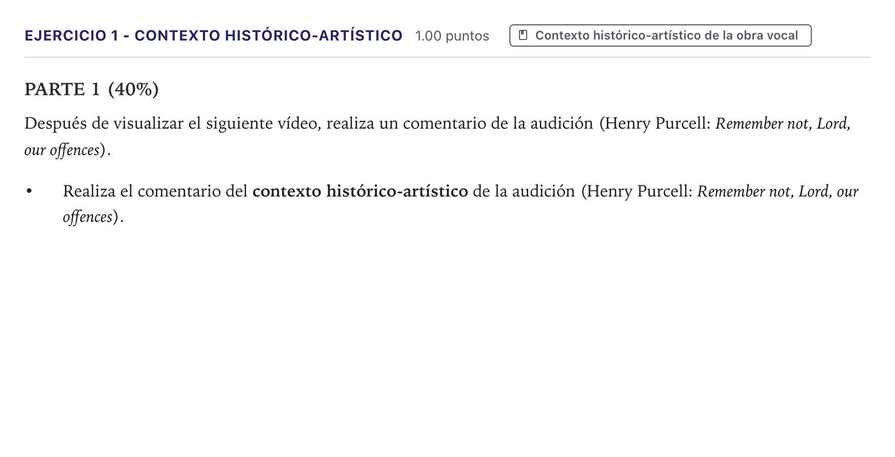 Enunciado: Ejercicio 1 - Contexto histórico-artístico · Coro y Técnica Vocal II PAU Canarias Julio 2026