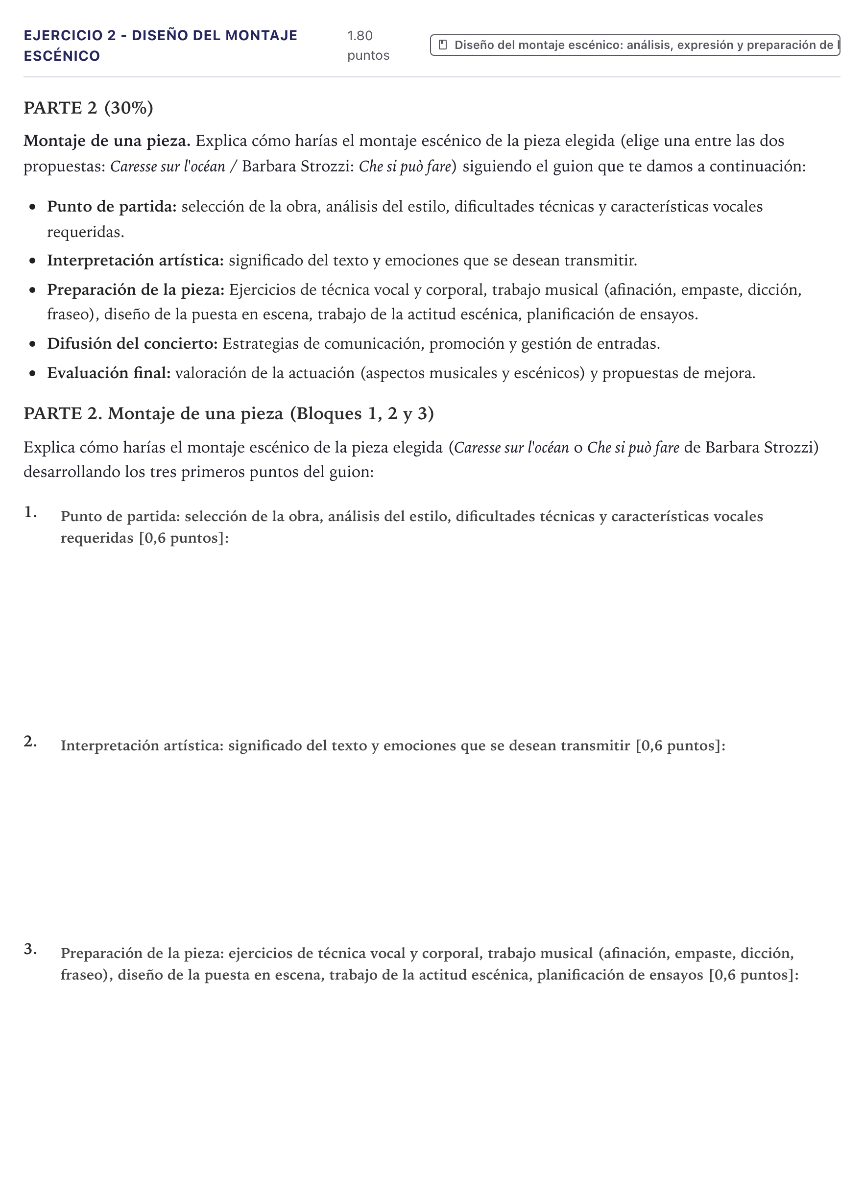 Enunciado: Ejercicio 2 - Diseño del montaje escénico · Coro y Técnica Vocal II PAU Canarias Julio 2026