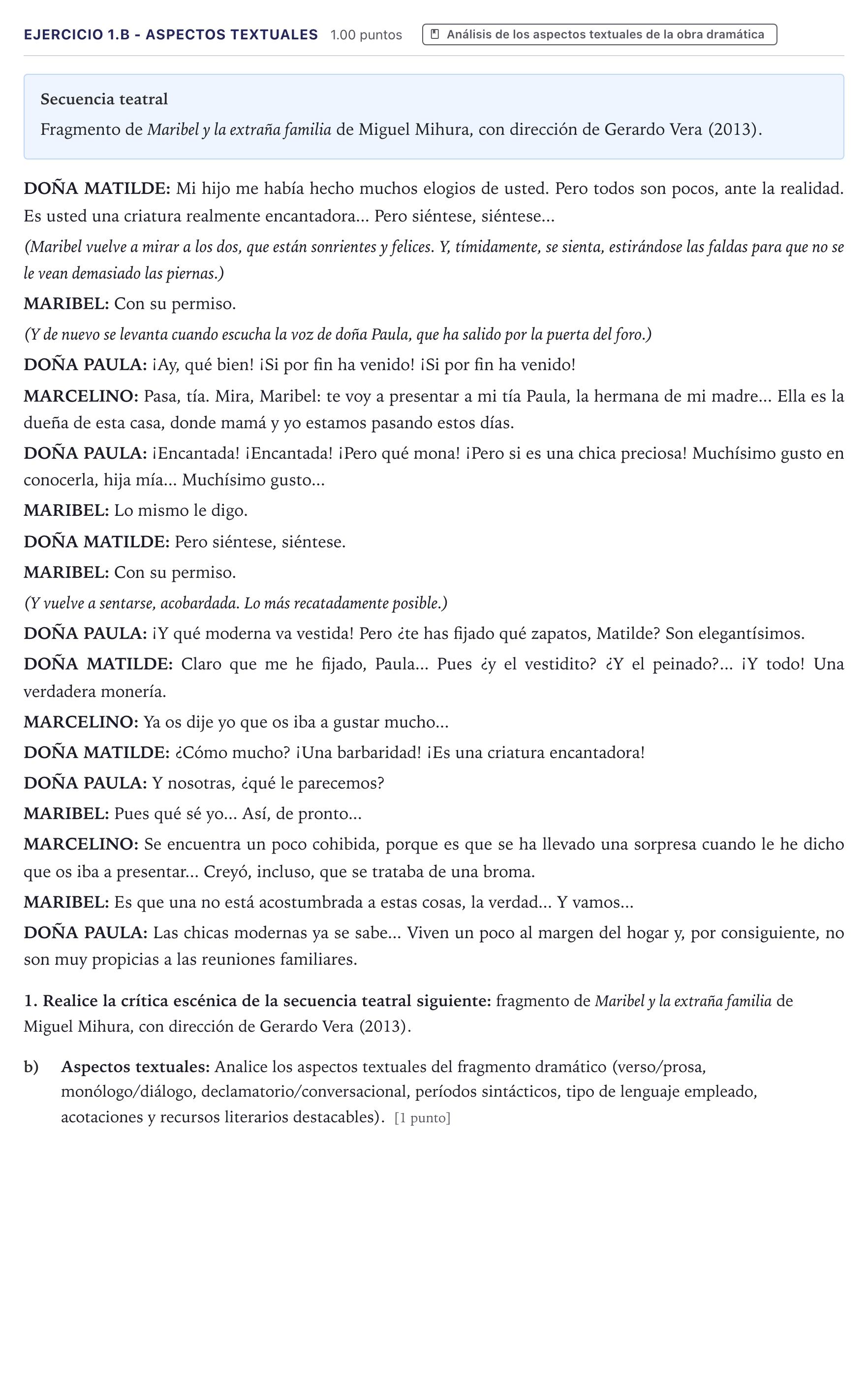 Enunciado: Ejercicio 1.b - Aspectos textuales · Artes Escénicas PAU Canarias Julio 2026