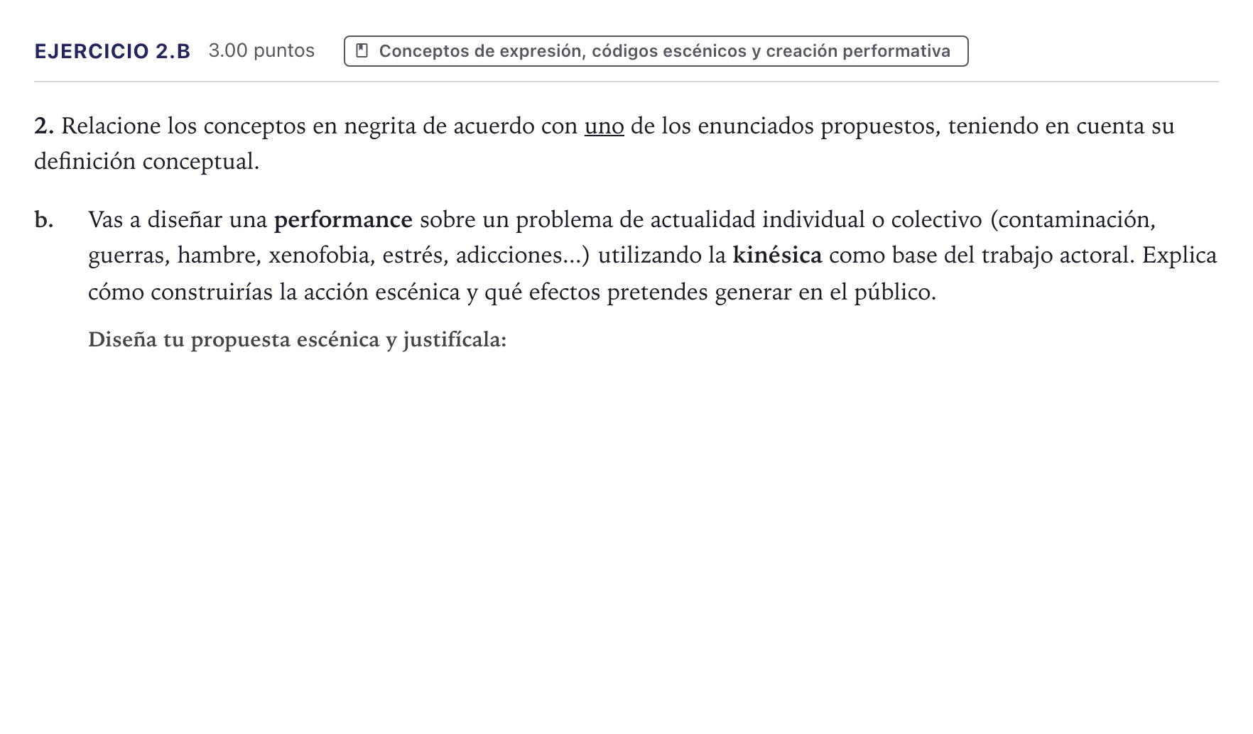 Enunciado: Ejercicio 2.b · Artes Escénicas PAU Canarias Julio 2026