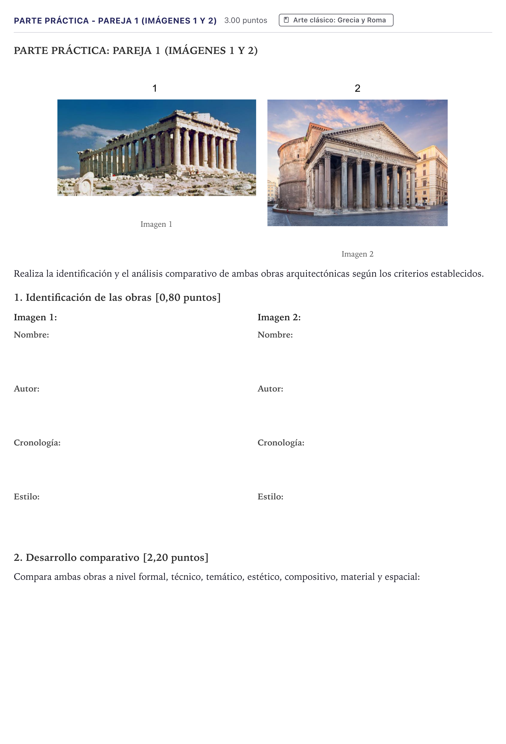 Enunciado: Ejercicio Parte Práctica - Pareja 1 (Imágenes 1 y 2) · Historia del Arte PAU Canarias Julio 2026