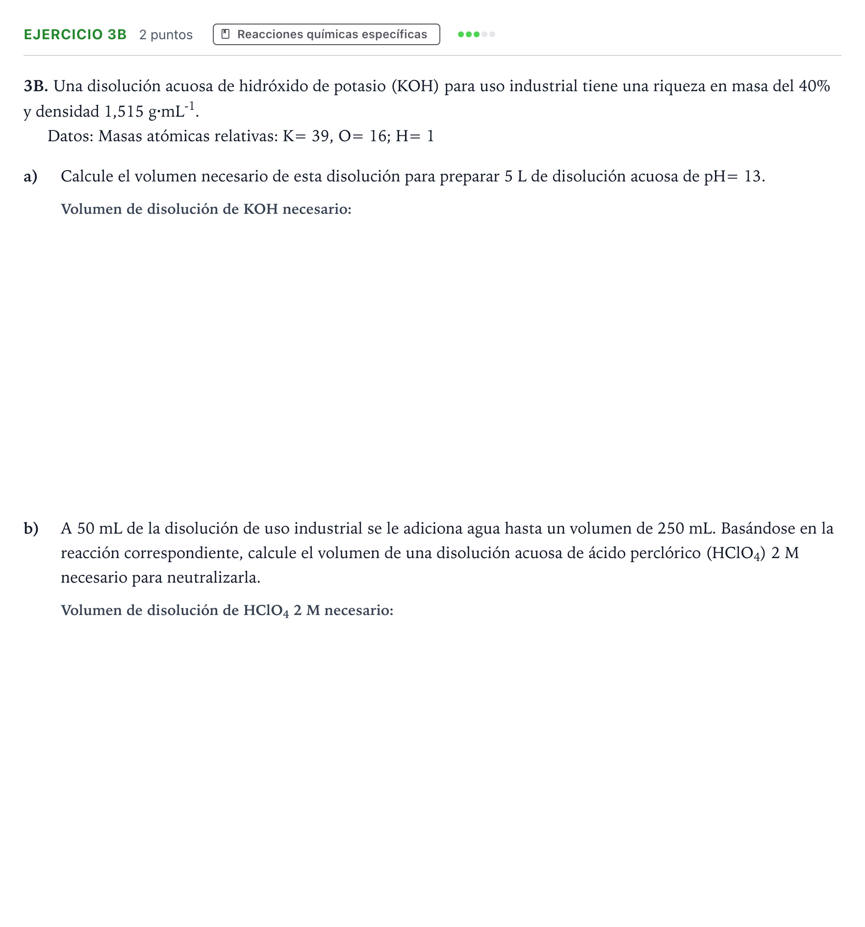 Enunciado: Ejercicio 3B · Química PAU Andalucía Ordinaria Titular 2026